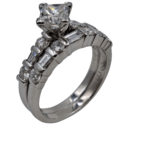 Platinum 12.31g 14 Stone Diamond Two Ring Set – 1.03ct Princess Cut Diamond – Size 7.5 + Val Certificate