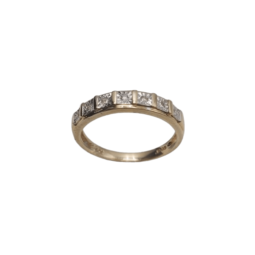 9ct Yellow Gold Round Ring – 2.1g – 7x 0.01ct Diamonds in White Gold Illusion Setting – Size 55