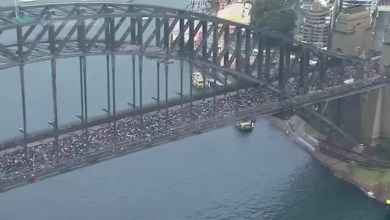 Demonstrators march towards Sydney Harbour Bridge to show support for Palestinians in Gaza Demonstrators march towards Sydney Harbour Bridge to show support for Palestinians in Gaza