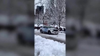 NYPD vehicle pelted with snowballs after blizzard hits New York NYPD vehicle pelted with snowballs after blizzard hits New York