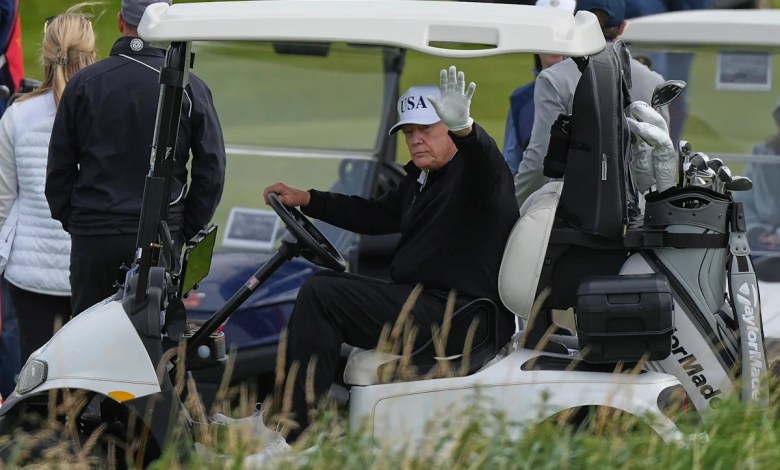 Trump plays golf in Scotland while protesters take to the streets and decry his visit Trump plays golf in Scotland while protesters take to the streets and decry his visit