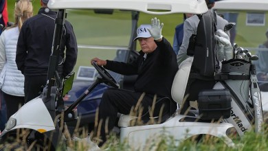 Trump plays golf in Scotland while protesters take to the streets and decry his visit Trump plays golf in Scotland while protesters take to the streets and decry his visit
