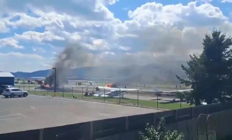 Plane crashes into parked aircraft while landing at Montana airport, sparking fire Plane crashes into parked aircraft while landing at Montana airport, sparking fire