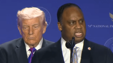 Trump Awkwardly Stands Behind Democratic Congressman Who Makes Urgent Plea During Prayer Trump Awkwardly Stands Behind Democratic Congressman Who Makes Urgent Plea During Prayer