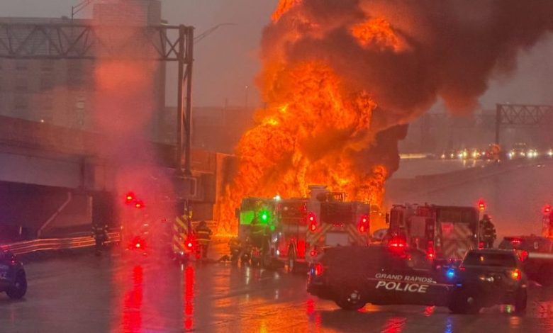 US-131 shut down as tanker truck burns US-131 shut down as tanker truck burns