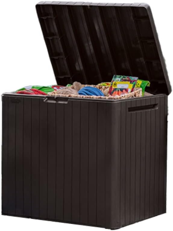 Keter City 30 Gallon Resin Outdoor Storage Box and Patio Furniture Side Table for Pool and Garden Accessories, Brown Keter City 30 Gallon Resin Outdoor Storage Box and Patio Furniture Side Table for Pool and Garden Accessories, Brown
