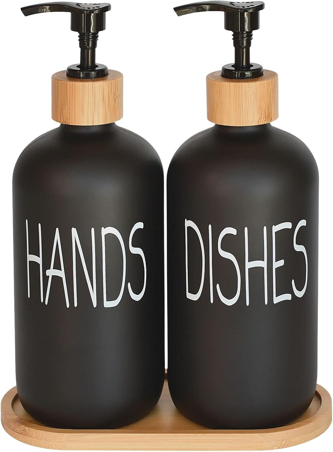 Glass Soap Dispenser Set. Hand and Dish with Bamboo Tray. Vintage Pump for Kitchen Sink Bathroom. Stylish Permanent Labels (Matte Black) Glass Soap Dispenser Set. Hand and Dish with Bamboo Tray. Vintage Pump for Kitchen Sink Bathroom. Stylish Permanent Labels (Matte Black)