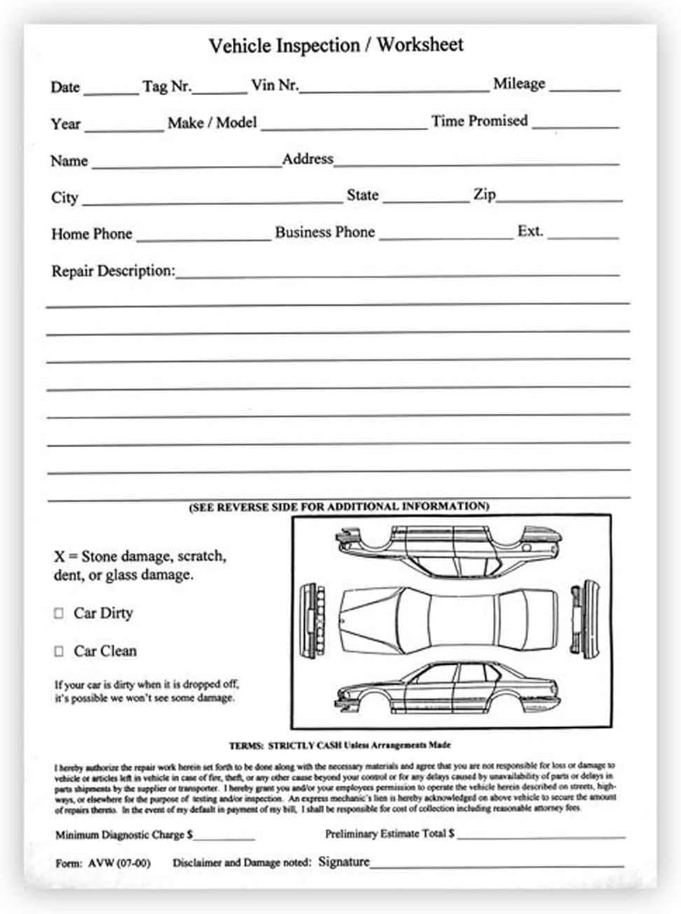 Vehicle Inspection Worksheet (Car Dealer Service Body Shop Form) (1 Pad of 100) Vehicle Inspection Worksheet (Car Dealer Service Body Shop Form) (1 Pad of 100)