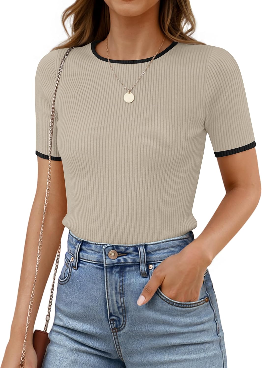 ZESICA Women’s Summer Short Sleeve Ribbed Knit Slim Fit T Shirt 2025 Crewneck Basic Casual Color Block Tee Tops ZESICA Women’s Summer Short Sleeve Ribbed Knit Slim Fit T Shirt 2025 Crewneck Basic Casual Color Block Tee Tops