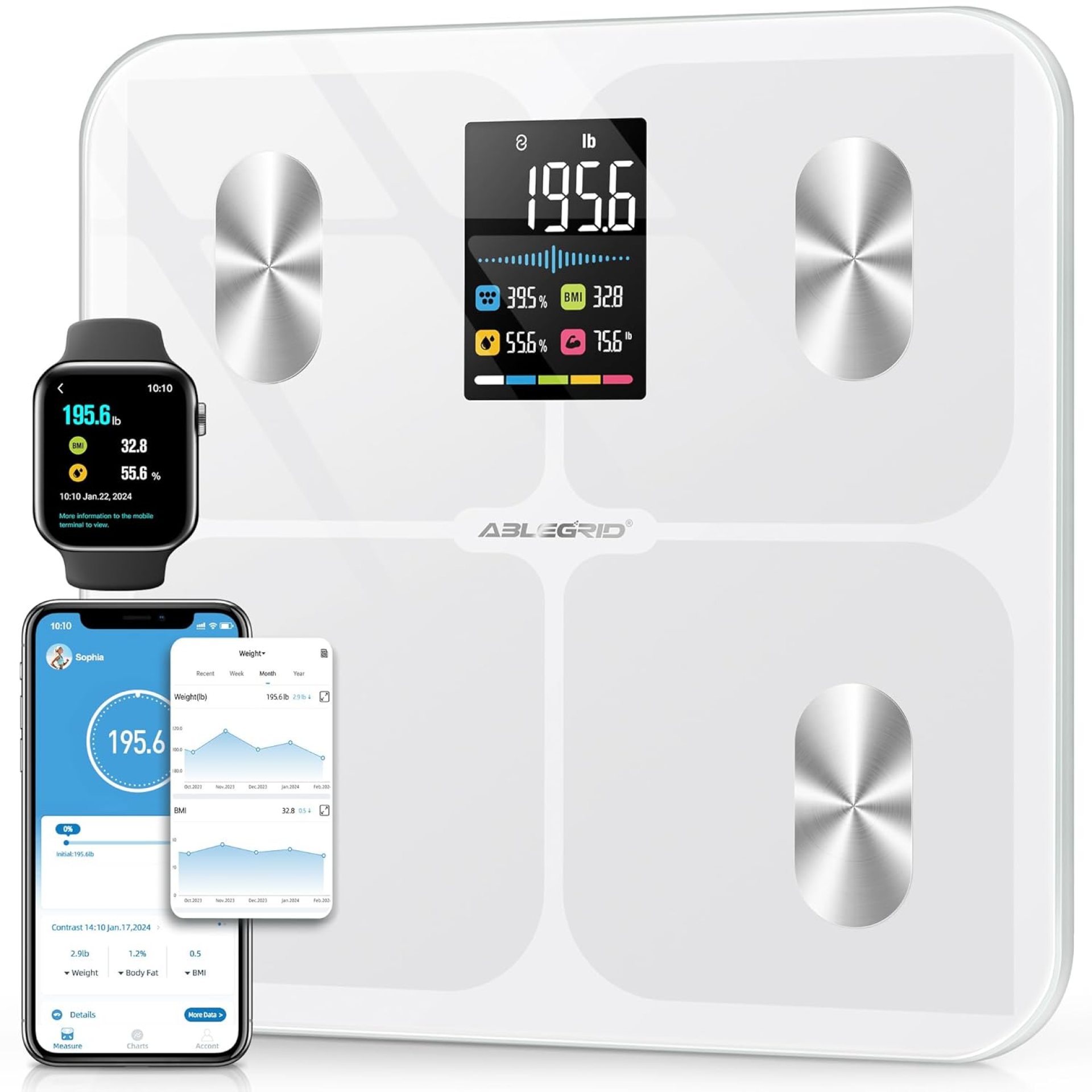ABLEGRID Digital Smart Bathroom Scale for Body Weight and Fat Percentage,Body Fat Scale with BMI Large LCD Display,Accurate Body Composition Analyzer,Weighing Machine for People with Fitness App,400lb ABLEGRID Digital Smart Bathroom Scale for Body Weight and Fat Percentage,Body Fat Scale with BMI Large LCD Display,Accurate Body Composition Analyzer,Weighing Machine for People with Fitness App,400lb
