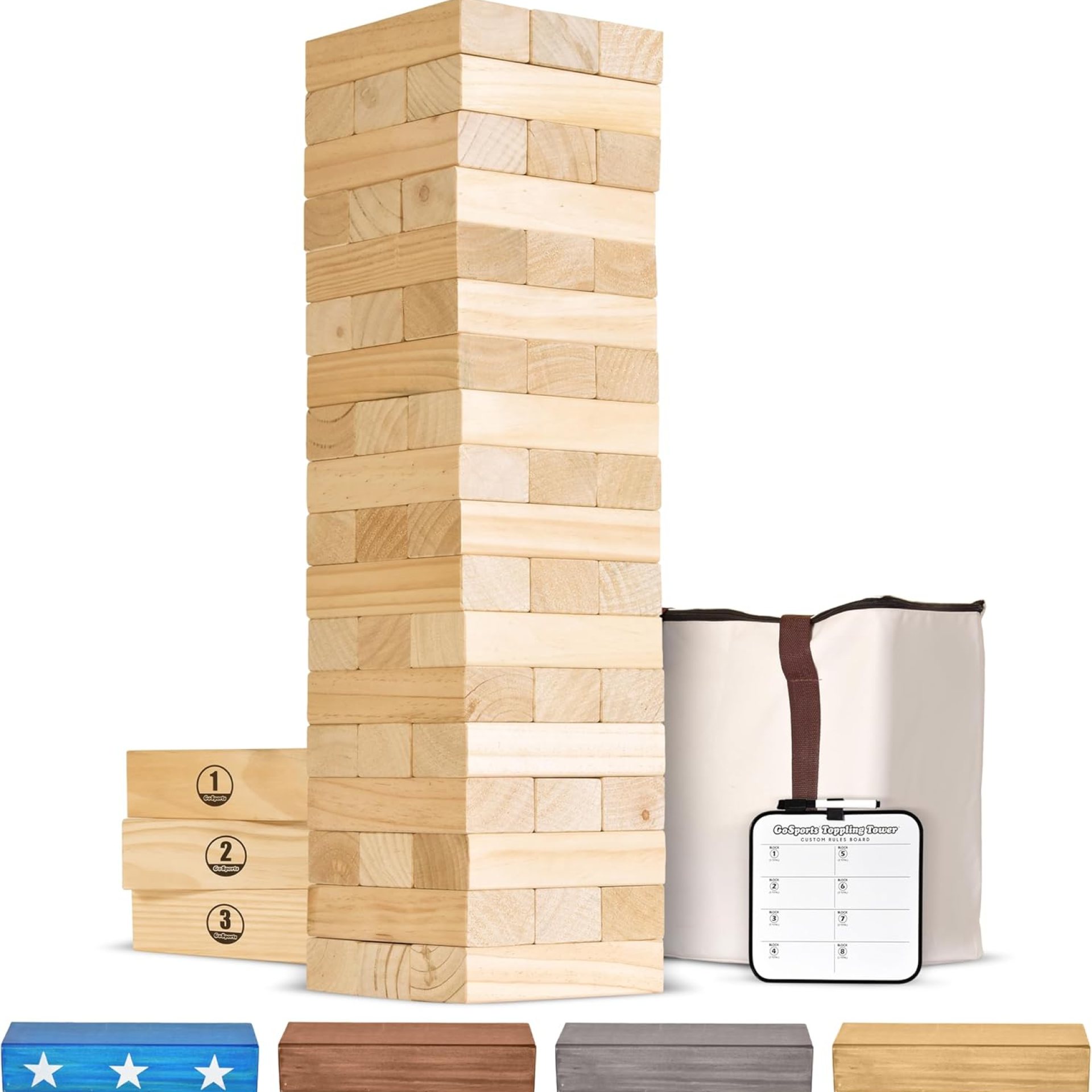 GoSports Giant Wooden Stacking Game – Stacks Up to 5 ft – Choose Brown Wood Stain, Gray, Natural, Stars & Stripes, or Tropical Hardwood – Toppling Tower GoSports Giant Wooden Stacking Game – Stacks Up to 5 ft – Choose Brown Wood Stain, Gray, Natural, Stars & Stripes, or Tropical Hardwood – Toppling Tower