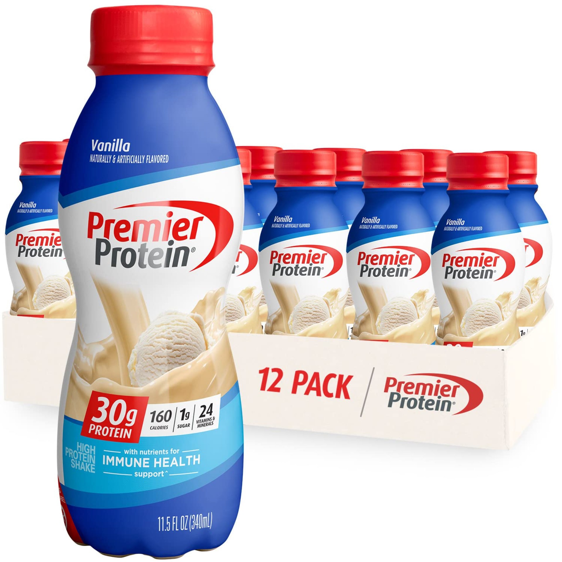 Premier Protein Shake, Vanilla, 30g Protein, 1g Sugar, 24 Vitamins & Minerals, Nutrients to Support Immune Health 11.5 fl oz, 12 Pack Premier Protein Shake, Vanilla, 30g Protein, 1g Sugar, 24 Vitamins & Minerals, Nutrients to Support Immune Health 11.5 fl oz, 12 Pack