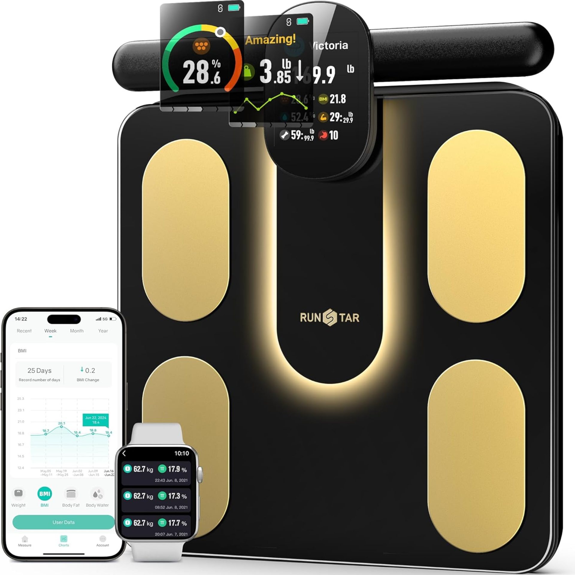 Runstar Smart Scale FSA or HSA Eligible, 8 Electrodes Digital Bathroom Scale for Body Weight and Fat, BMI, Muscle Mass 28 Body Composition Measurement, with Full-Color TFT LCD on Retractable Handle Runstar Smart Scale FSA or HSA Eligible, 8 Electrodes Digital Bathroom Scale for Body Weight and Fat, BMI, Muscle Mass 28 Body Composition Measurement, with Full-Color TFT LCD on Retractable Handle