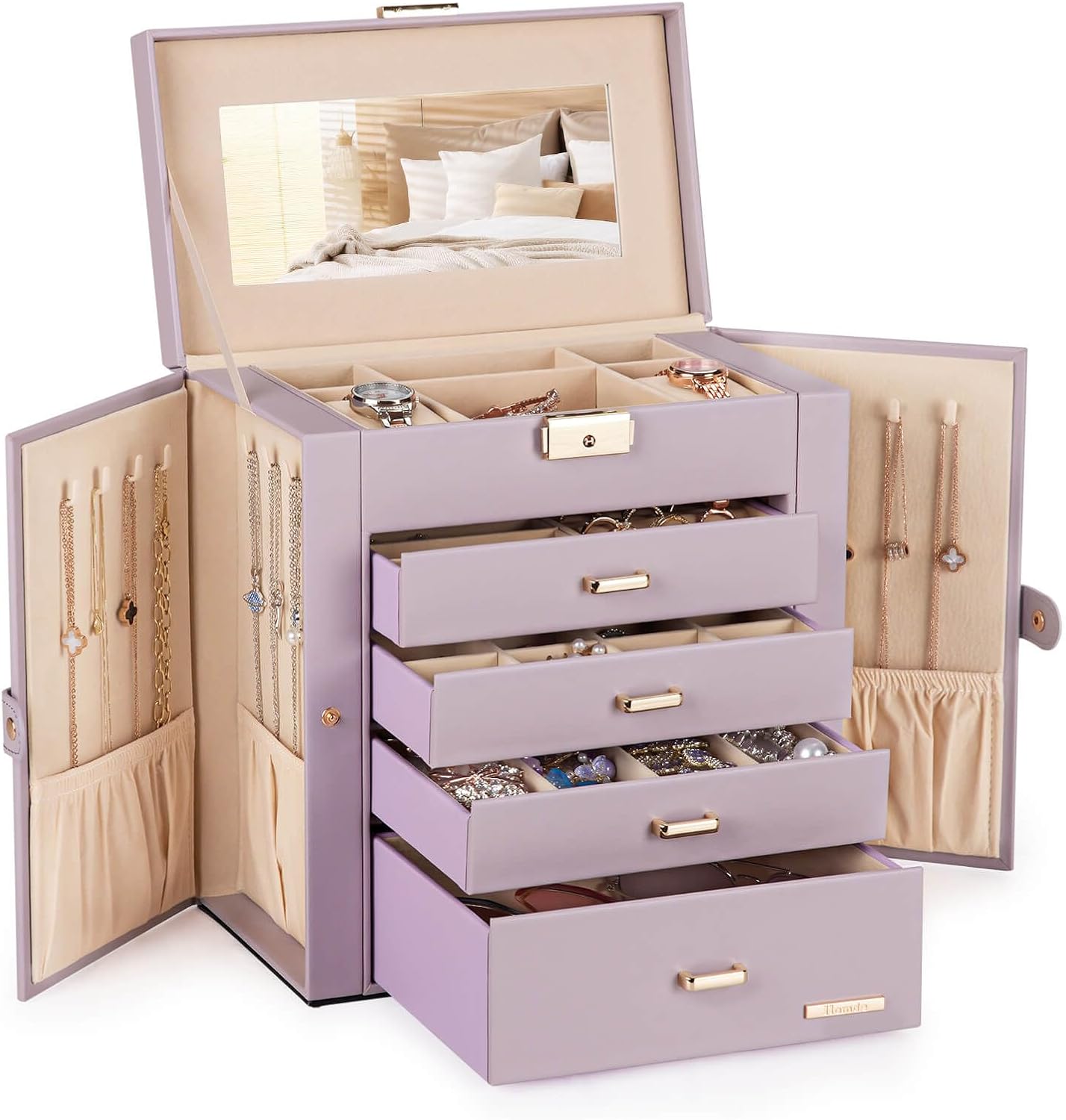 Homde Mother’s Day Gifts Synthetic Leather Huge Jewelry Box Mirrored Watch Organizer Necklace Ring Earring Storage Lockable Gift Case (Grey Purple + Gold) Homde Mother’s Day Gifts Synthetic Leather Huge Jewelry Box Mirrored Watch Organizer Necklace Ring Earring Storage Lockable Gift Case (Grey Purple + Gold)
