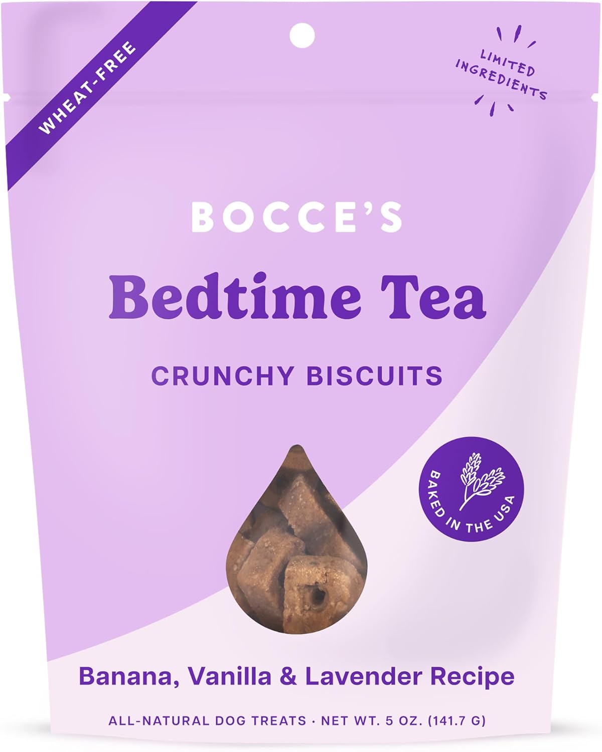 Bocce’s Bakery Oven Baked Bedtime Tea Treats for Dogs, Wheat-Free Everyday Dog Treats, Made with Real Ingredients, Baked in The USA, All-Natural Biscuits, Banana, Vanilla, & Lavender, 5 oz Bocce’s Bakery Oven Baked Bedtime Tea Treats for Dogs, Wheat-Free Everyday Dog Treats, Made with Real Ingredients, Baked in The USA, All-Natural Biscuits, Banana, Vanilla, & Lavender, 5 oz