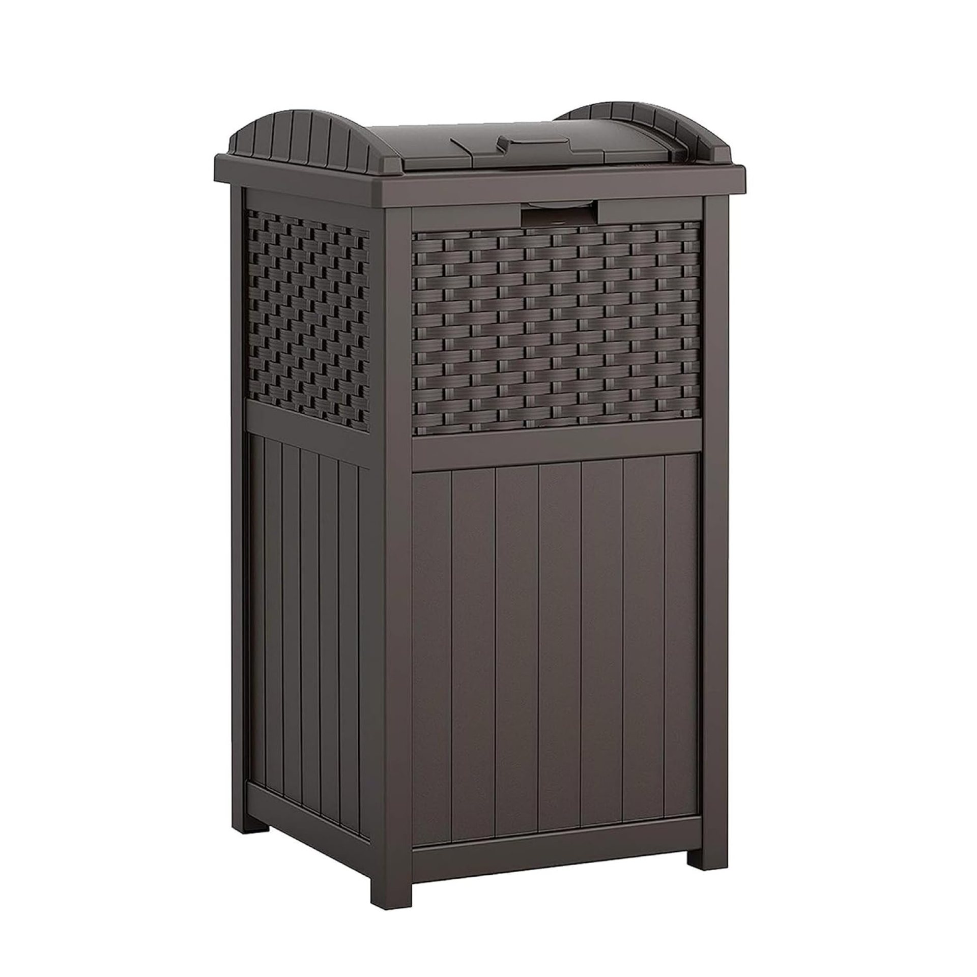 Suncast 33 Gallon Commercial Outdoor Trashcan Hideaway with Lid for 30 to 33 Gallon Trash Bags for Garage, Backyard, or Garden, Brown Suncast 33 Gallon Commercial Outdoor Trashcan Hideaway with Lid for 30 to 33 Gallon Trash Bags for Garage, Backyard, or Garden, Brown