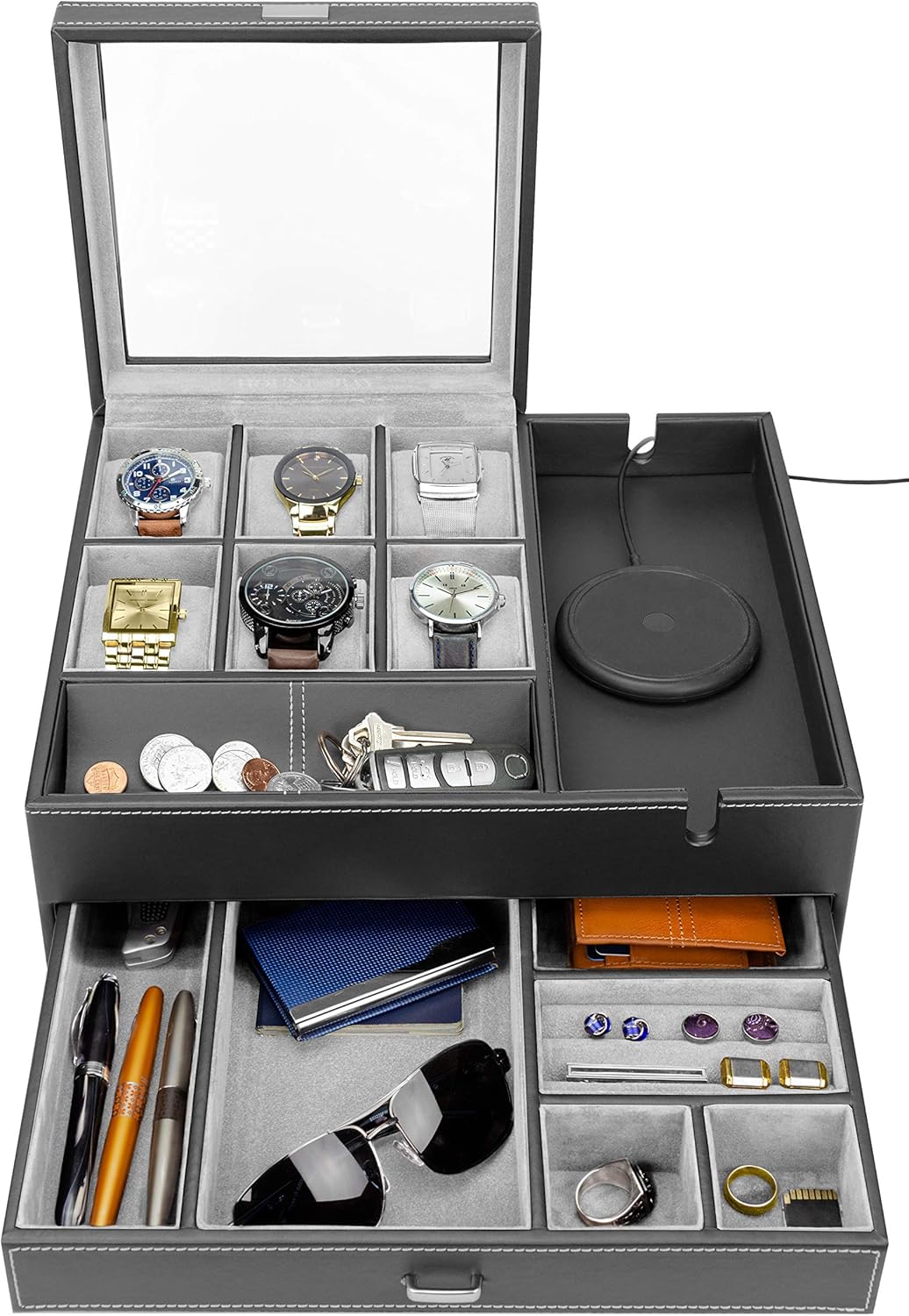 HOUNDSBAY Watch Box Organizer – Men’s Jewelry Box & Display Case – Valet Tray & Watch Holder – Nightstand Organizer HOUNDSBAY Watch Box Organizer – Men’s Jewelry Box & Display Case – Valet Tray & Watch Holder – Nightstand Organizer