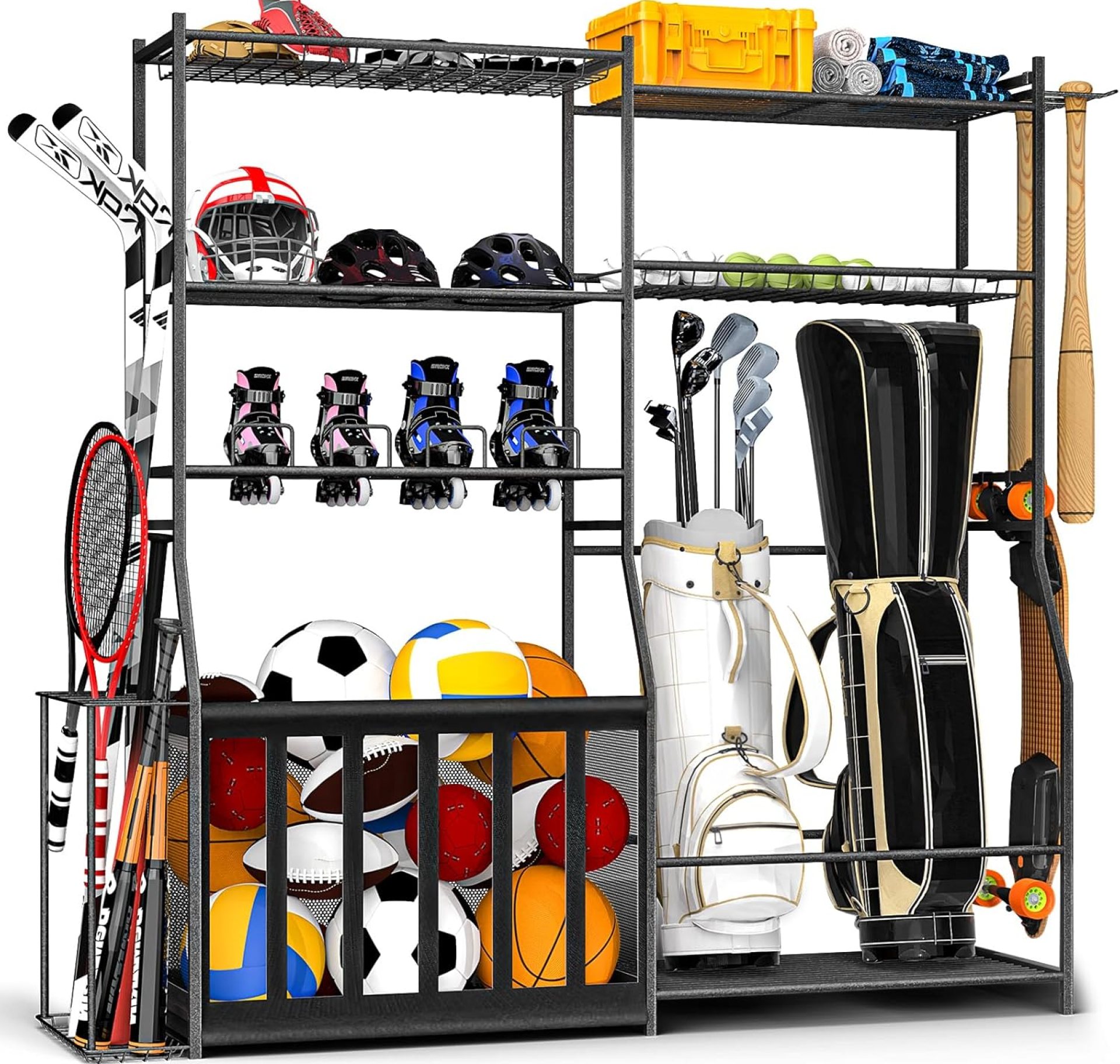 Garage Sports Equipment Organizer with Golf Bag Stand, Balls Storage Rack, and Toy Organizer – Durable Indoor/Outdoor Multi-Use Rack for Kids’ Gear and Seasonal Items Garage Sports Equipment Organizer with Golf Bag Stand, Balls Storage Rack, and Toy Organizer – Durable Indoor/Outdoor Multi-Use Rack for Kids’ Gear and Seasonal Items