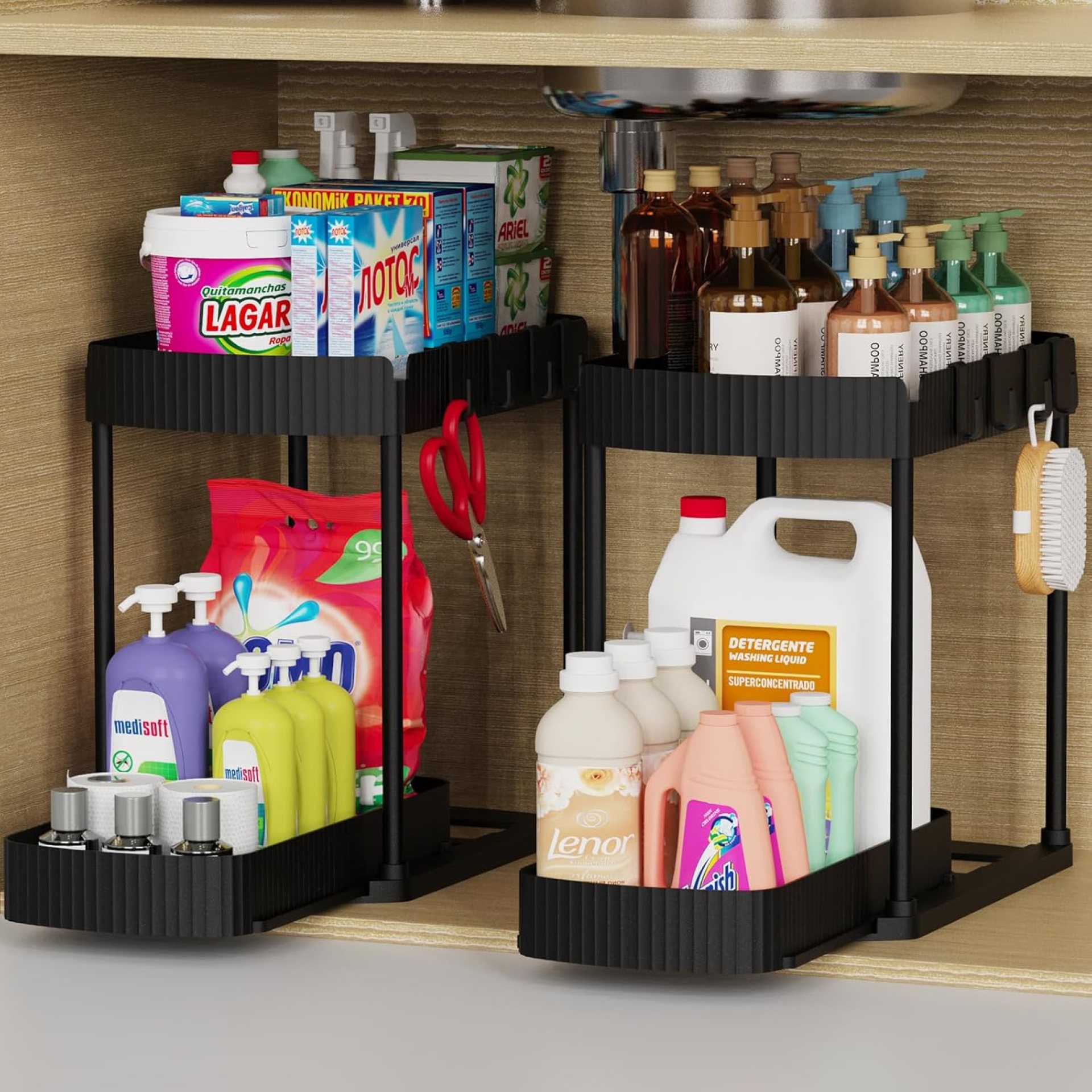 2 Pack Multi-Purpose Pull-Out Storage Organizers, Under Sink Organizers and Storage for Bathroom & Kitchen, Under Cabinet Organizers and storage, 12.8 Inch, Black 2 Pack Multi-Purpose Pull-Out Storage Organizers, Under Sink Organizers and Storage for Bathroom & Kitchen, Under Cabinet Organizers and storage, 12.8 Inch, Black