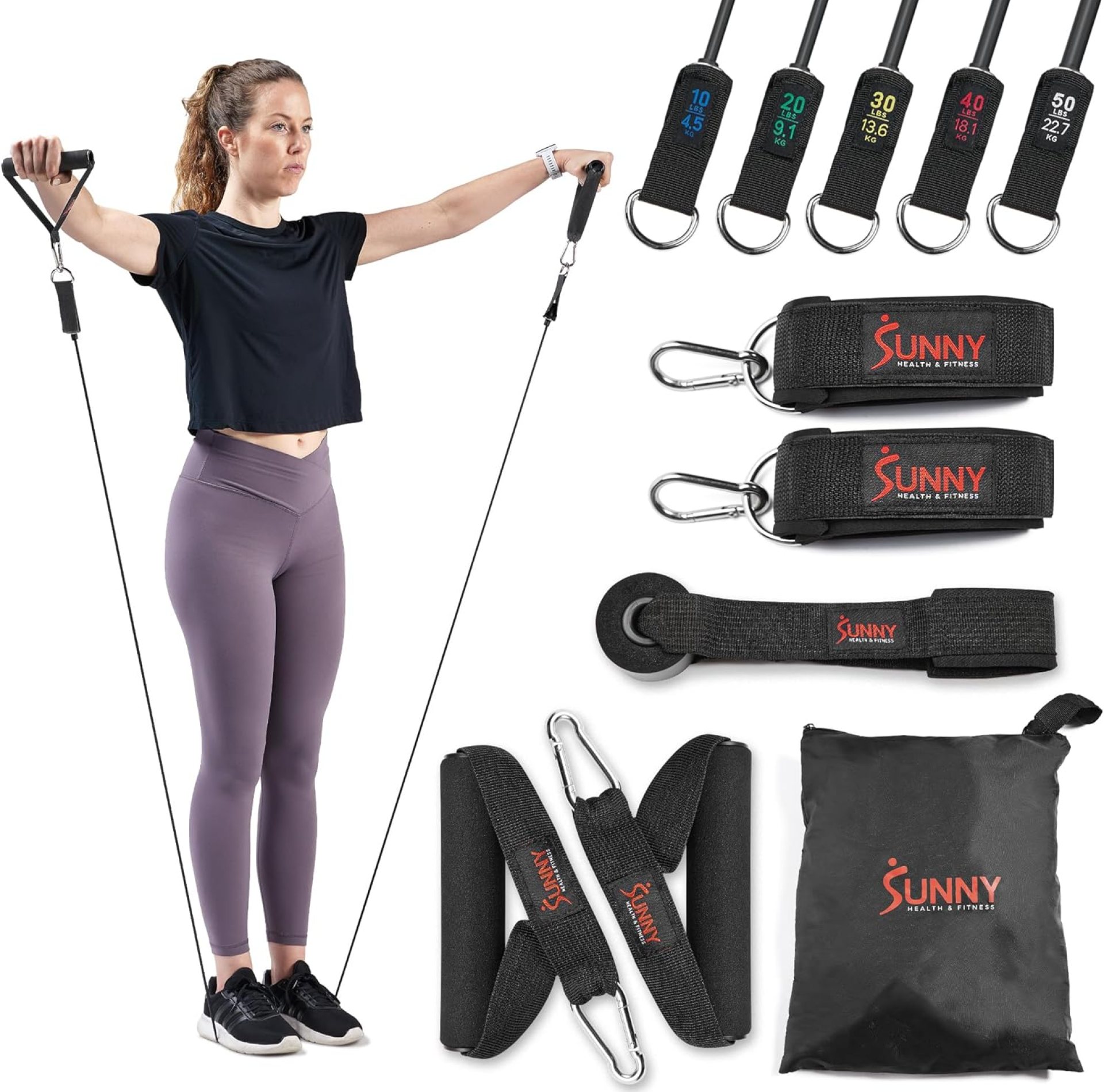 Sunny Health & Fitness Premium Resistance Band Set with Door Anchors, Wrist Straps, Handles Carry Bag Optional Padded Ankle Straps (Pair) for Strength Training, Booty Workout, Lower Body Exercises Sunny Health & Fitness Premium Resistance Band Set with Door Anchors, Wrist Straps, Handles Carry Bag Optional Padded Ankle Straps (Pair) for Strength Training, Booty Workout, Lower Body Exercises