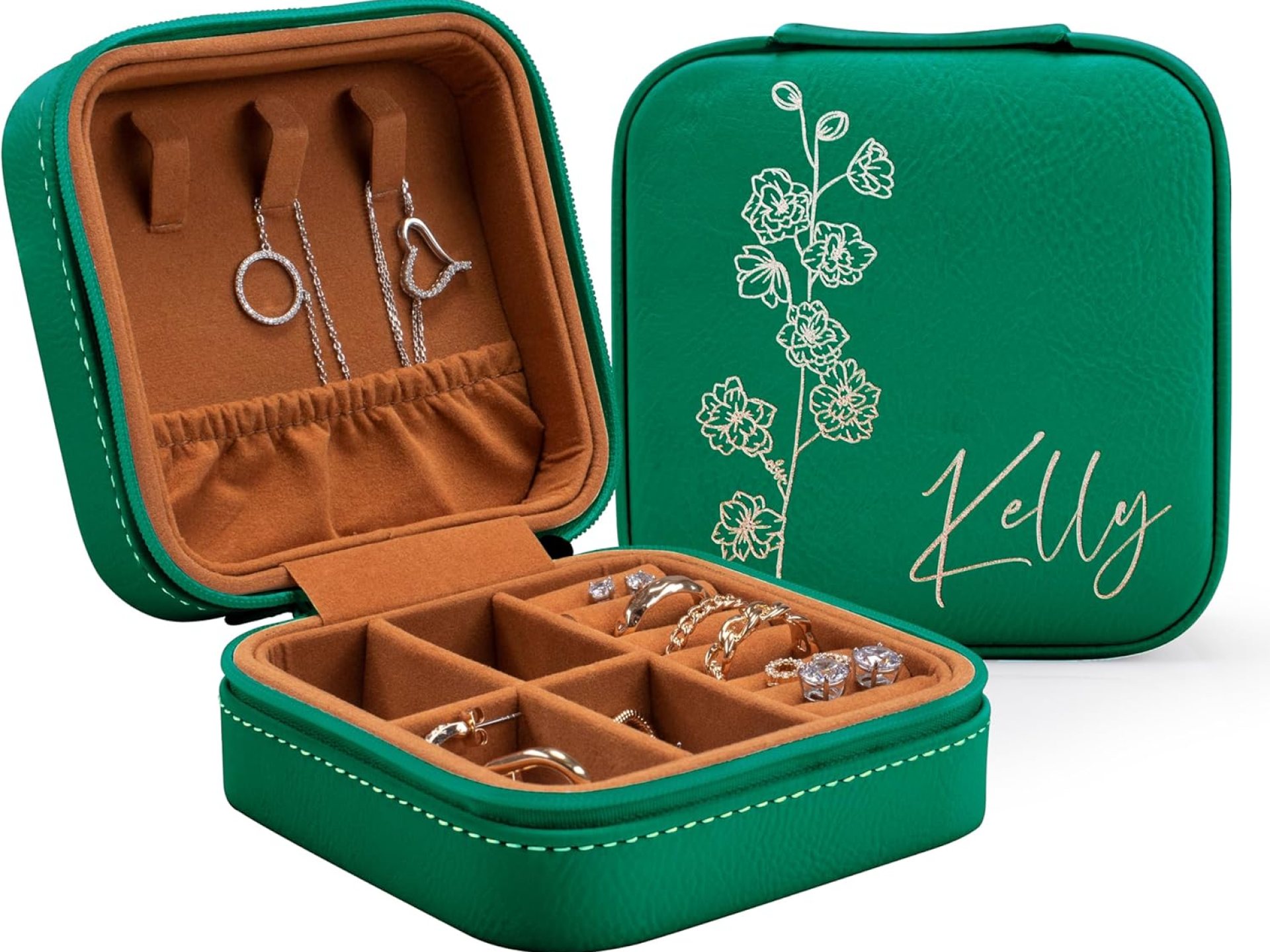 Custom Leather Jewelry Box w/Name & Birth Flower Month – Birthday Gifts for Women, Personalized Jewelry Travel Case – Customized Jewelry Organizer Box, Mom Birthday Gifts – Emerald Custom Leather Jewelry Box w/Name & Birth Flower Month – Birthday Gifts for Women, Personalized Jewelry Travel Case – Customized Jewelry Organizer Box, Mom Birthday Gifts – Emerald