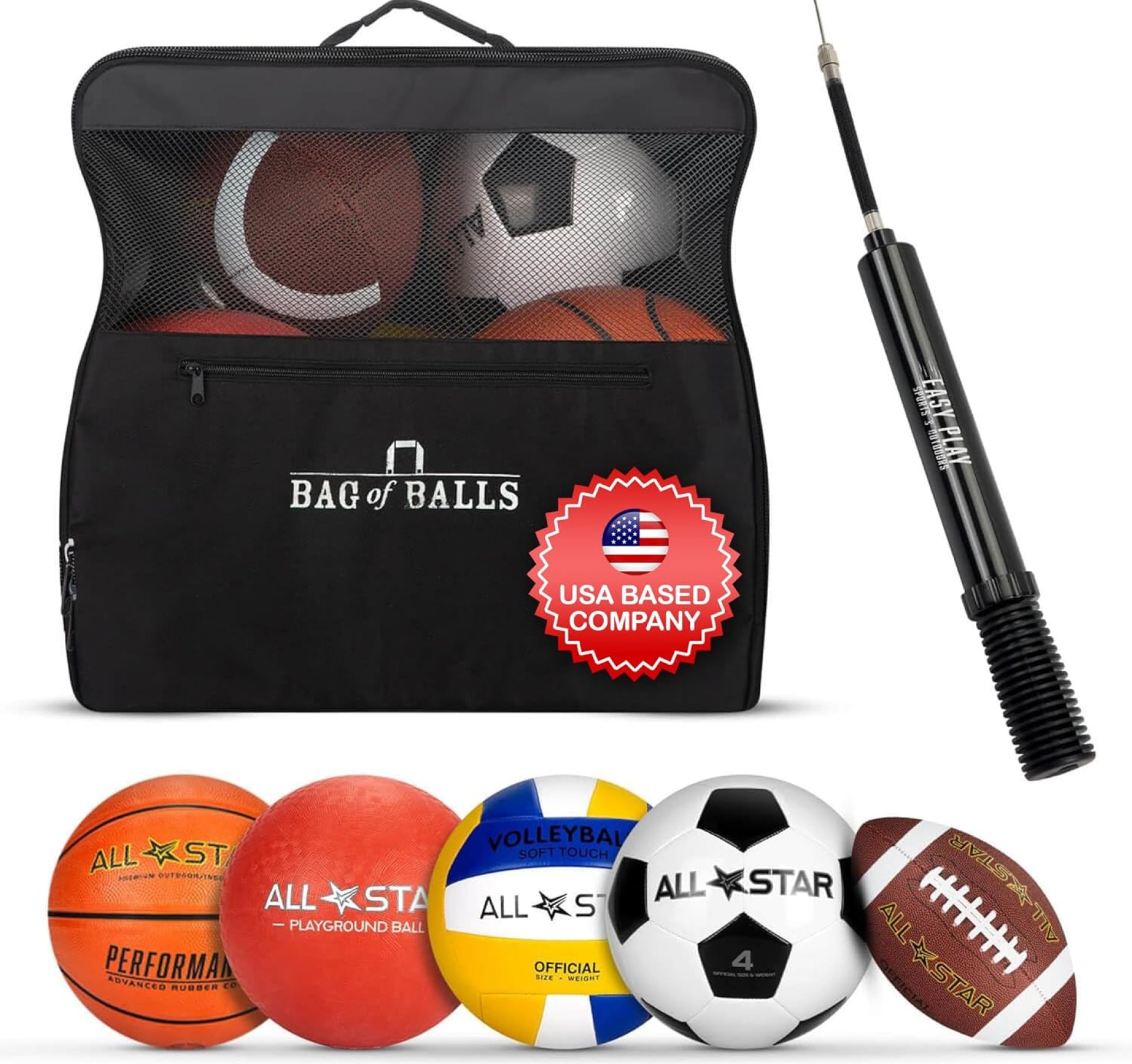 Complete Sports Balls w/Bag, Pump for Boys – Kickball, Volleyball, Soccer Ball, Football, Basketball – Outdoor Play Complete Sports Balls w/Bag, Pump for Boys – Kickball, Volleyball, Soccer Ball, Football, Basketball – Outdoor Play