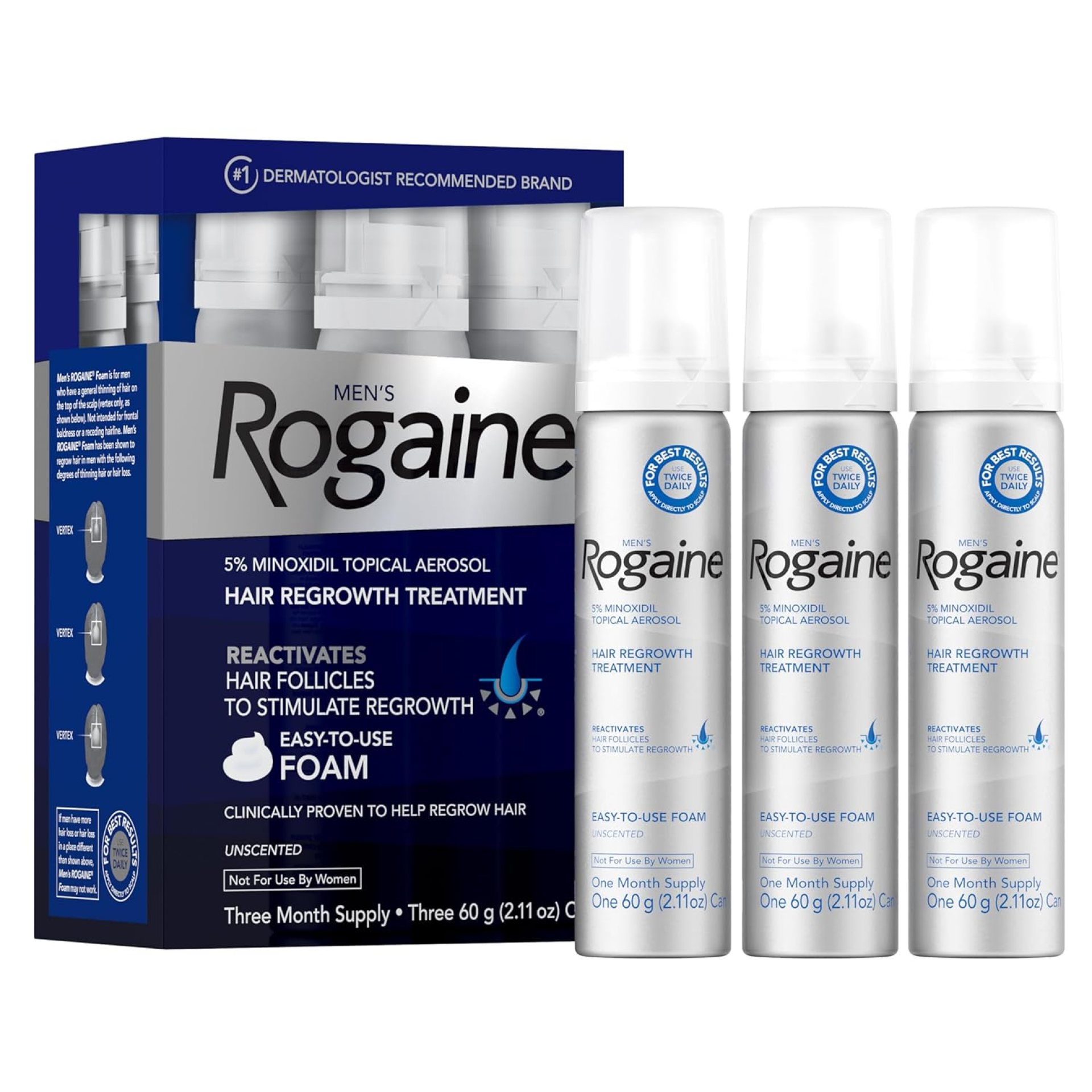 Men’s Rogaine 5% Minoxidil Foam for Hair Regrowth, Topical Hair Loss Treatment for Men to Regrow Fuller, Thicker Hair, Unscented Minoxidil Topical Aerosol, 3-Month Supply, 3 x 2.11 oz Men’s Rogaine 5% Minoxidil Foam for Hair Regrowth, Topical Hair Loss Treatment for Men to Regrow Fuller, Thicker Hair, Unscented Minoxidil Topical Aerosol, 3-Month Supply, 3 x 2.11 oz