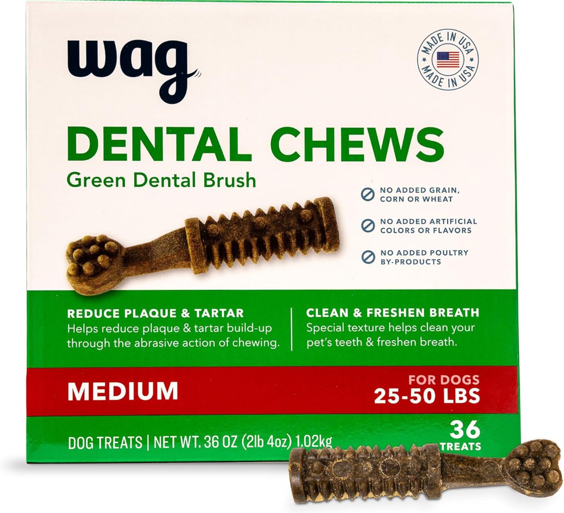 Amazon Brand – Wag Dental Dog Treats to Help Clean Teeth & Freshen Breath – Medium, Unflavored, 36 Count (Pack of 1) Amazon Brand – Wag Dental Dog Treats to Help Clean Teeth & Freshen Breath – Medium, Unflavored, 36 Count (Pack of 1)