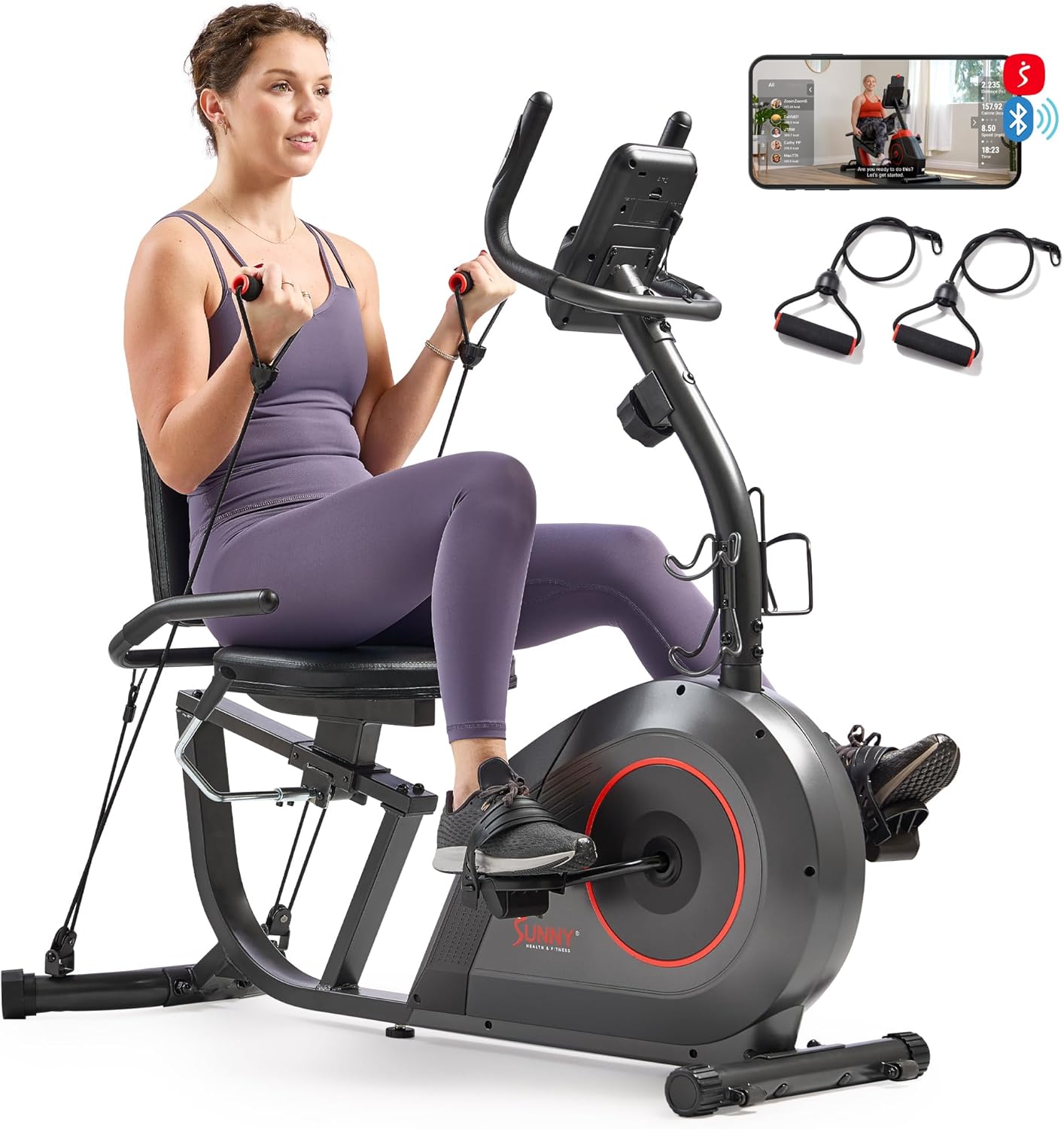 Sunny Health & Fitness Smart Heavy-Duty Recumbent Bike w/Wide Cushioned Seat & Back, Indoor Cycling Machine for Adult/Seniors Home Exercise, Free SunnyFit App Connect, Optional Workout Training Bands Sunny Health & Fitness Smart Heavy-Duty Recumbent Bike w/Wide Cushioned Seat & Back, Indoor Cycling Machine for Adult/Seniors Home Exercise, Free SunnyFit App Connect, Optional Workout Training Bands