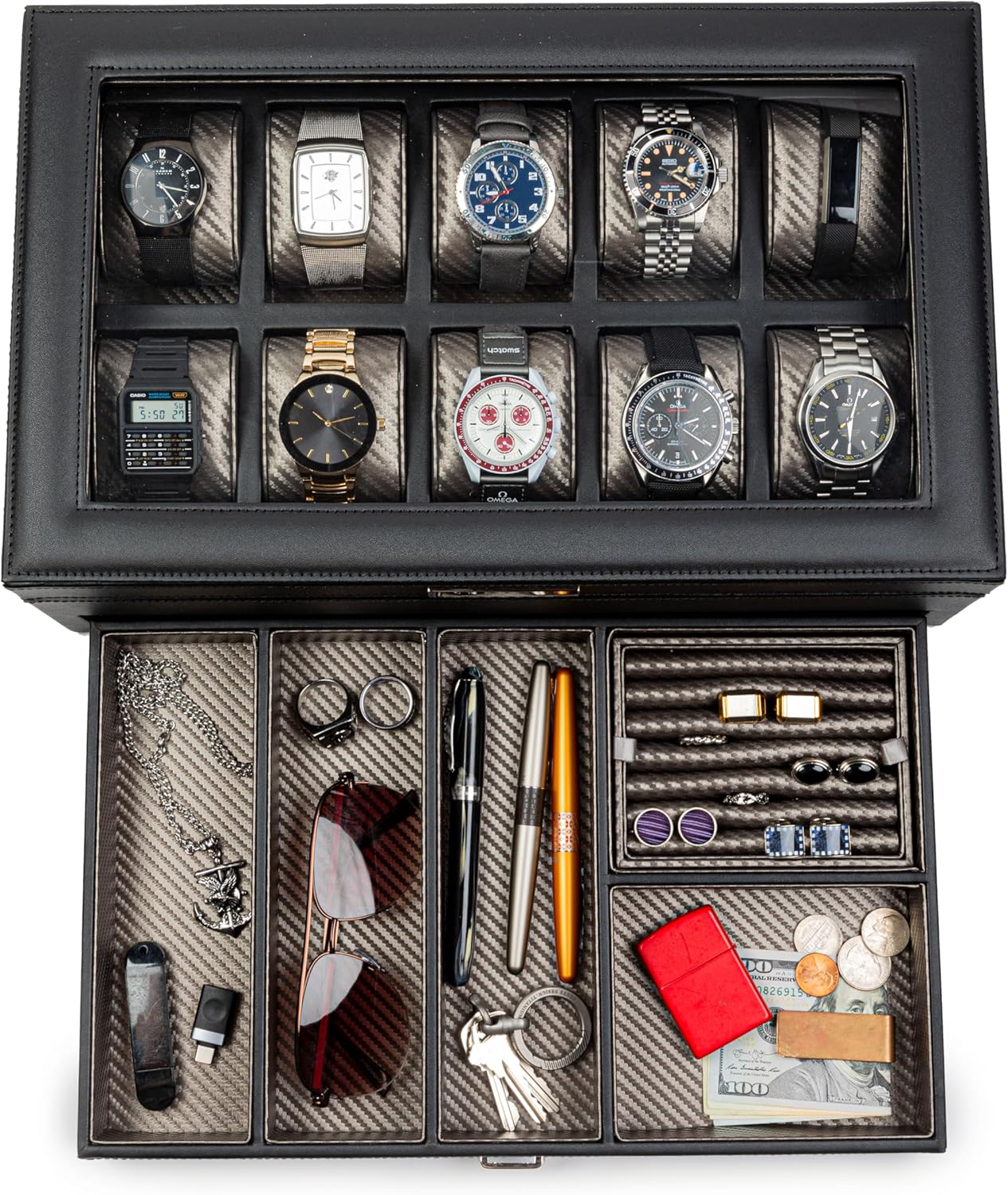 HOUNDSBAY Yachtsman Watch Box Organizer | Luxury Jewelry Organizer with Drawer, Ring Tray & Glass Lid | Great EDC Display Case for Storage | Ideal Gift for Men HOUNDSBAY Yachtsman Watch Box Organizer | Luxury Jewelry Organizer with Drawer, Ring Tray & Glass Lid | Great EDC Display Case for Storage | Ideal Gift for Men