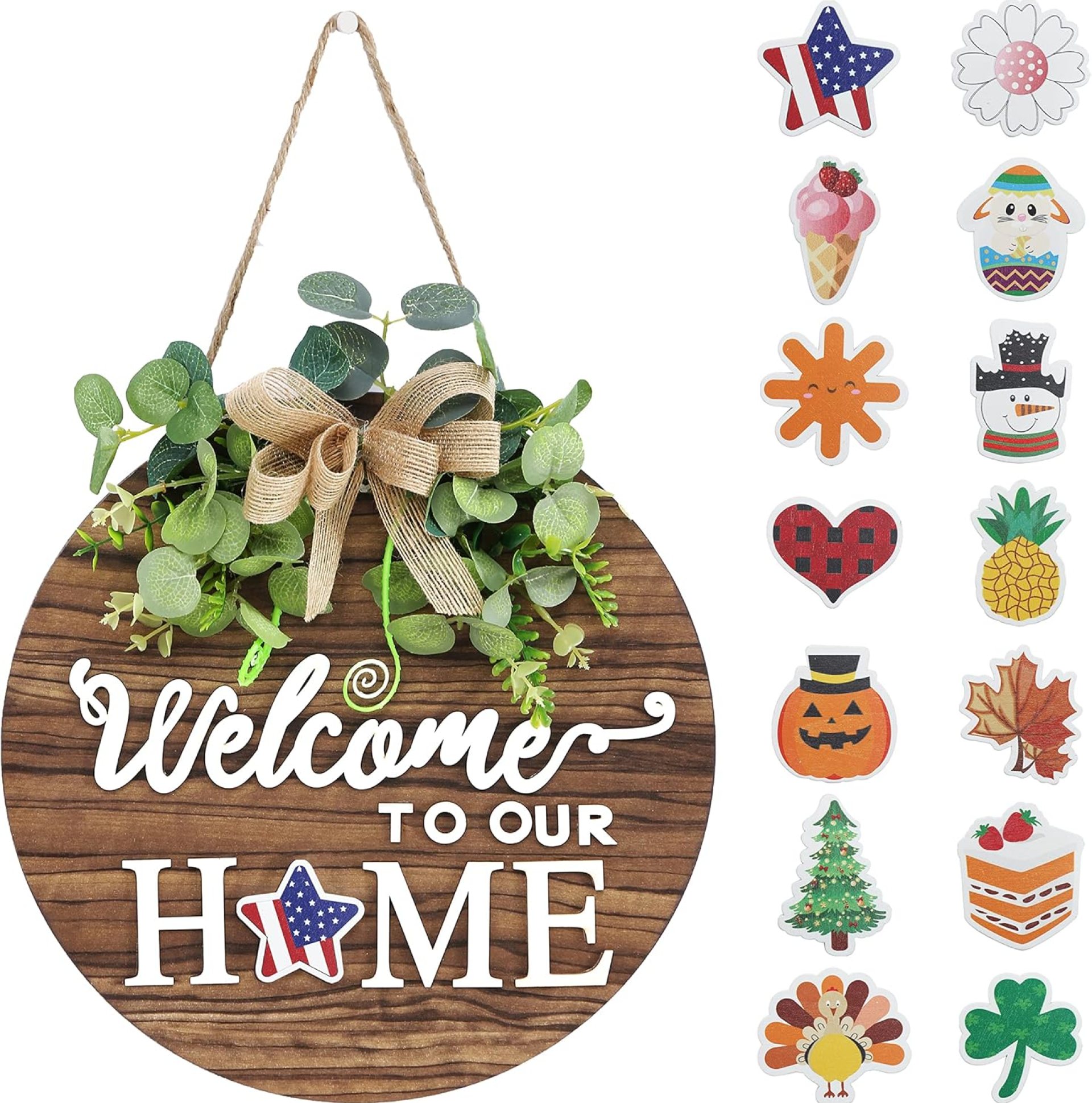 Interchangeable Seasonal Welcome Sign Front Door Decoration, Rustic Round Wood Wreaths Wall Hanging Outdoor, Farmhouse, Porch, for Spring Summer Fall All Seasons Holiday Halloween Christmas. Interchangeable Seasonal Welcome Sign Front Door Decoration, Rustic Round Wood Wreaths Wall Hanging Outdoor, Farmhouse, Porch, for Spring Summer Fall All Seasons Holiday Halloween Christmas.