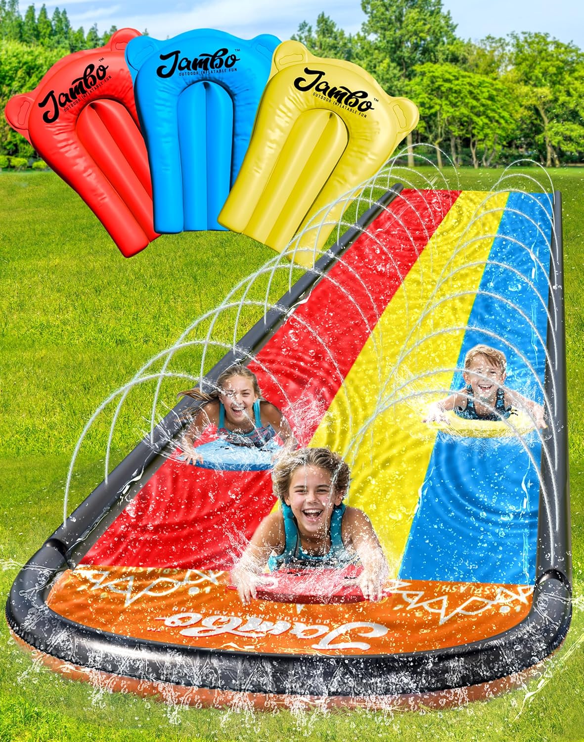 JAMBO Premium Triple Water Slide and 3 Bodyboards, Updated Model Slip Splash and Slide Heavy Duty Water Slides- 3-Way Sprinkler System, Splash Mat Pad, Backyard Outdoor Water Toys n Slides for Kids JAMBO Premium Triple Water Slide and 3 Bodyboards, Updated Model Slip Splash and Slide Heavy Duty Water Slides- 3-Way Sprinkler System, Splash Mat Pad, Backyard Outdoor Water Toys n Slides for Kids