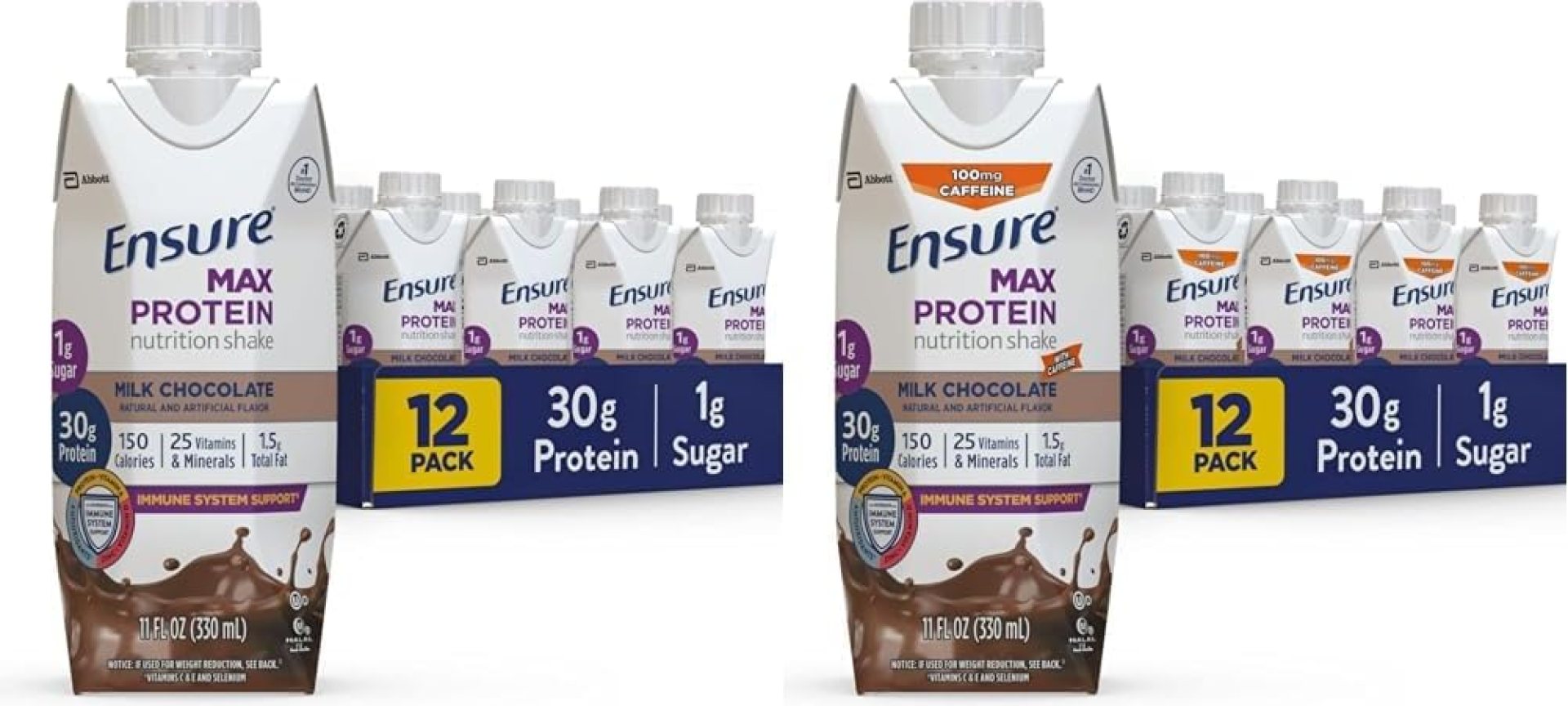 Ensure Max Protein Nutrition Shake with 30g of Protein & Max High Protein Nutrition Shake Milk with 30g of Protein 1g of Sugar, Chocolate w/Caffeine, 11 Fl Oz (Pack of 12) Ensure Max Protein Nutrition Shake with 30g of Protein & Max High Protein Nutrition Shake Milk with 30g of Protein 1g of Sugar, Chocolate w/Caffeine, 11 Fl Oz (Pack of 12)