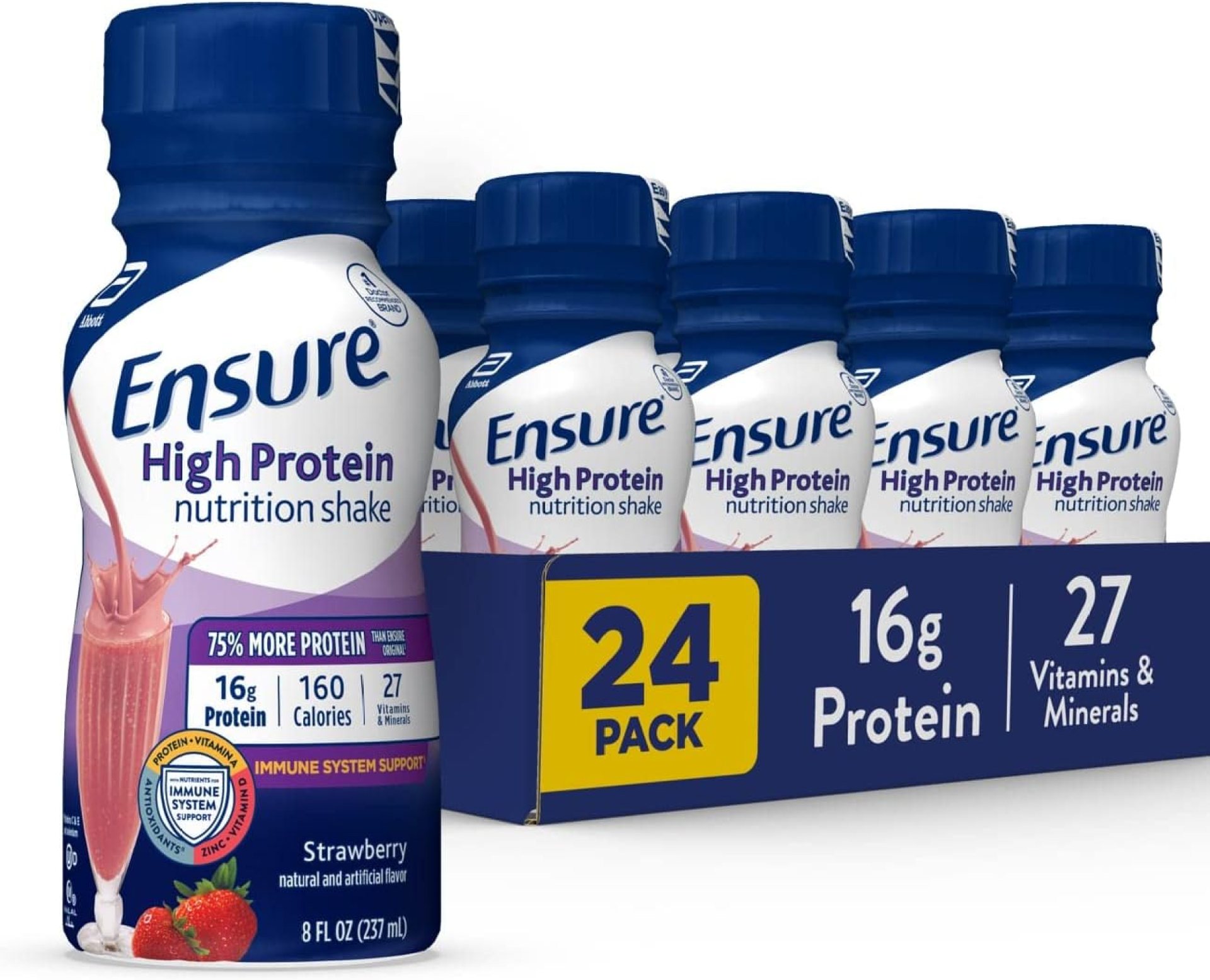 Ensure High Protein Nutritional Shake, 16g Protein, Meal Replacement Shakes, With Nutrients to Support Immune System Health, Strawberry, 8 Fl Oz (Pack of 24) Ensure High Protein Nutritional Shake, 16g Protein, Meal Replacement Shakes, With Nutrients to Support Immune System Health, Strawberry, 8 Fl Oz (Pack of 24)