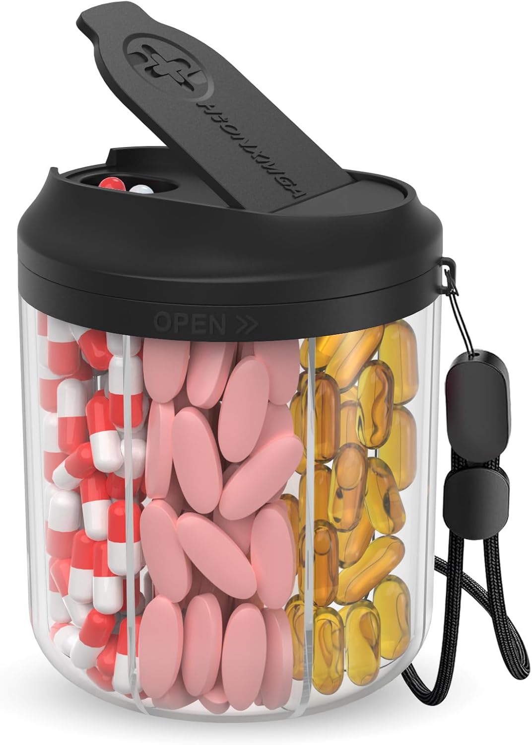 Pill Dispenser with 7 Large Compartments, Pill Bottle Organizer for Travel, Supplement Organizer with Anti-Mixing Design, BPA-Free Pill Container with 20 Pcs Labels, Black Pill Dispenser with 7 Large Compartments, Pill Bottle Organizer for Travel, Supplement Organizer with Anti-Mixing Design, BPA-Free Pill Container with 20 Pcs Labels, Black