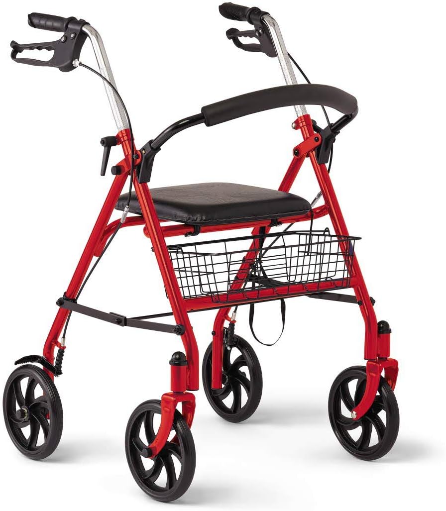 Medline Steel Rollator Walker with Seat, Red, 300 lb. Weight Capacity, 8” Wheels, Foldable, Adjustable Handles, for Seniors, for Mobility Impairment Medline Steel Rollator Walker with Seat, Red, 300 lb. Weight Capacity, 8” Wheels, Foldable, Adjustable Handles, for Seniors, for Mobility Impairment