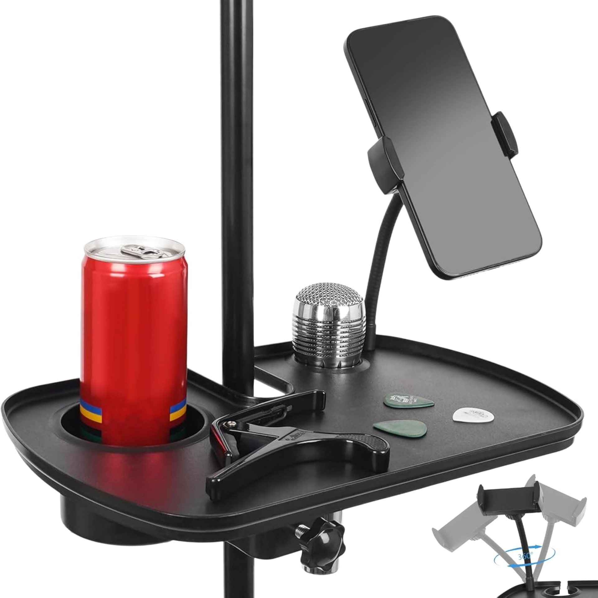 Universal Microphone Stand Tray with Phone & Drink Holder, Adjustable Mic Stand Clamp-On Utility Shelf Rack Tray Holder for Music Sheet, Live Streaming, Concert, Karaoke, Recording Universal Microphone Stand Tray with Phone & Drink Holder, Adjustable Mic Stand Clamp-On Utility Shelf Rack Tray Holder for Music Sheet, Live Streaming, Concert, Karaoke, Recording
