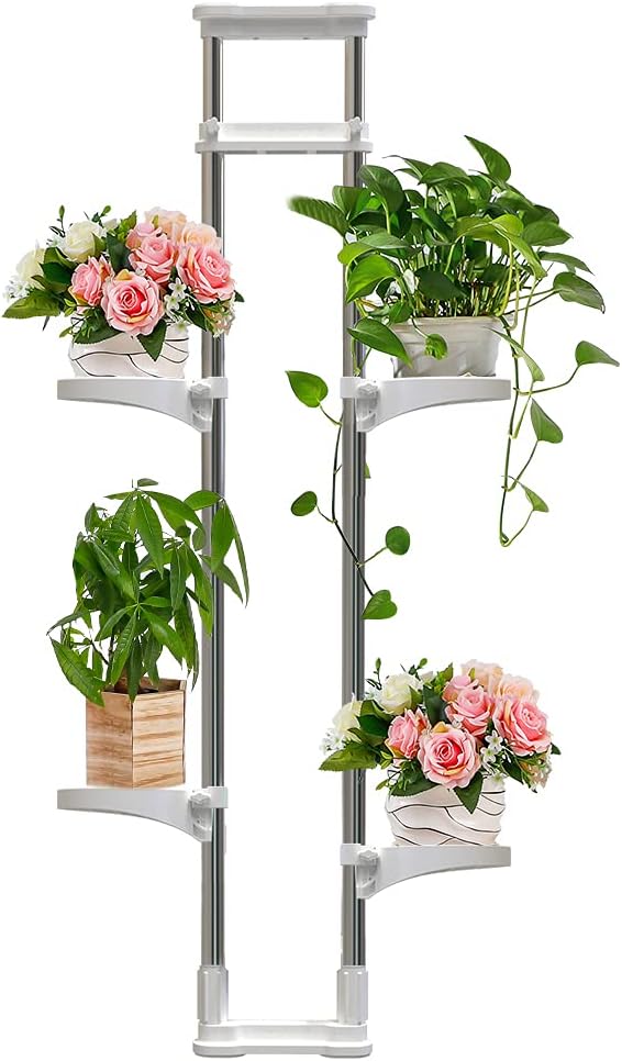 BAOYOUNI Indoor Window Plant Stand Metal Double Pole Storage Shelf Flower Pot Display Rack Holder Planter Extention Rods Home Decor with 4 Adjustable Trays – Ivory BAOYOUNI Indoor Window Plant Stand Metal Double Pole Storage Shelf Flower Pot Display Rack Holder Planter Extention Rods Home Decor with 4 Adjustable Trays – Ivory