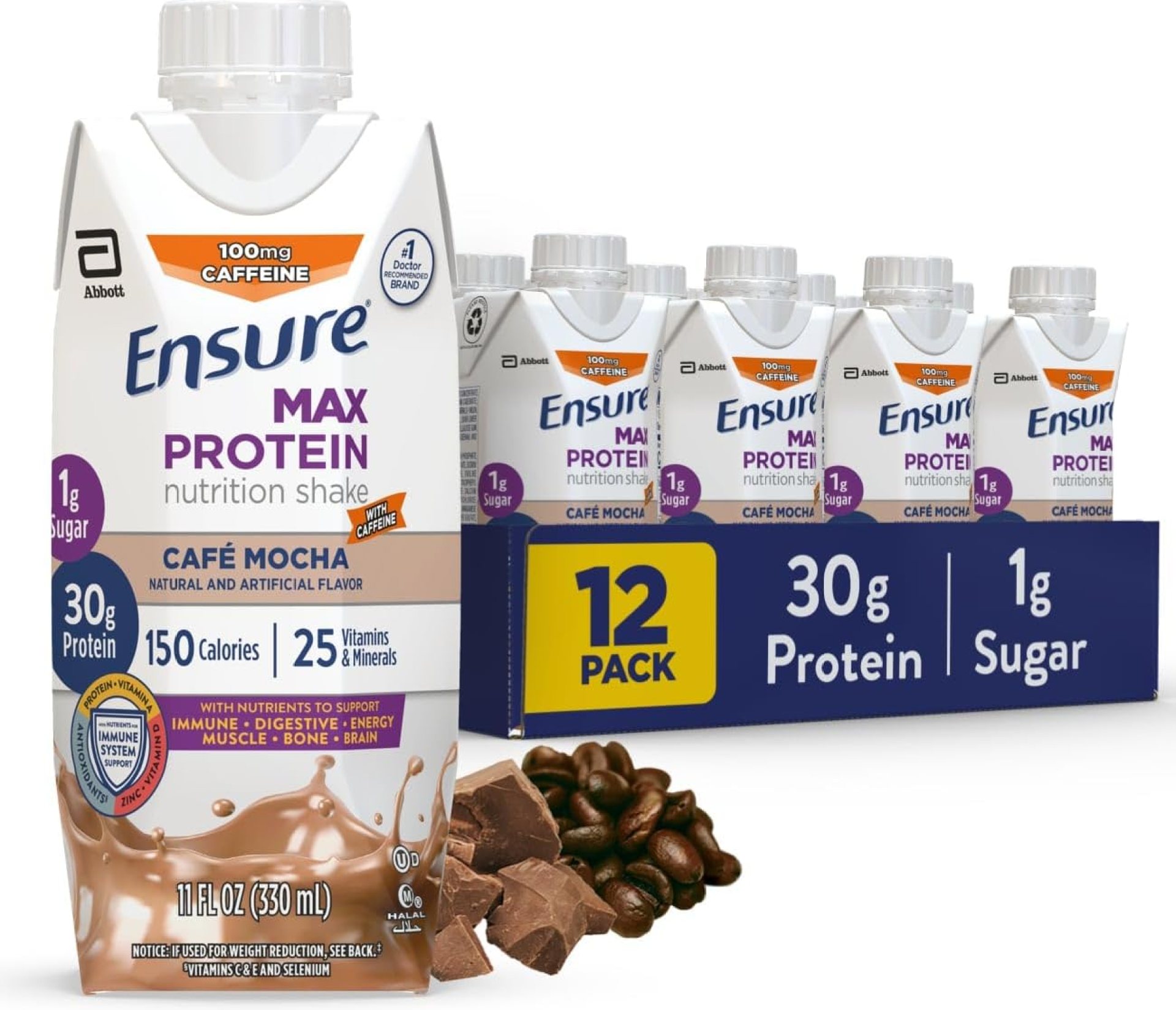 Ensure Max Protein Shake | Café Mocha | Meal Supplement Shake | Ready to Drink | 30g Protein for Muscle Building | 1g Sugar, 4g Fiber | 11 fl oz – 12 Pack Ensure Max Protein Shake | Café Mocha | Meal Supplement Shake | Ready to Drink | 30g Protein for Muscle Building | 1g Sugar, 4g Fiber | 11 fl oz – 12 Pack