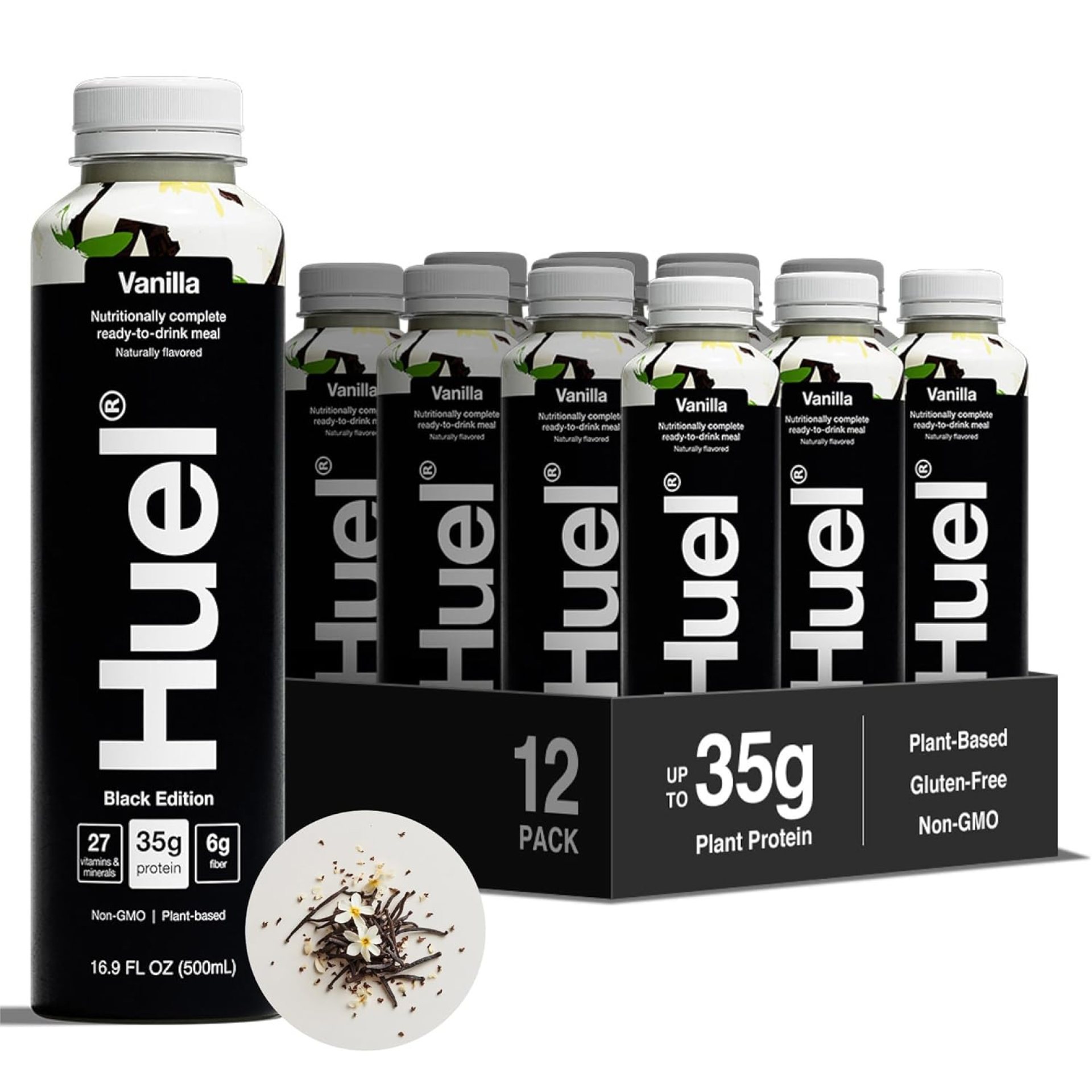 Huel Black Edition Ready-to-Drink | Vanilla Meal Replacement Shake | 35g High Protein Drink | 27 Vitamins & Minerals, Vegan, Gluten Free | Plant Based | High Fiber, Low Sugar | 16.9 Fl Oz, 12 Pack Huel Black Edition Ready-to-Drink | Vanilla Meal Replacement Shake | 35g High Protein Drink | 27 Vitamins & Minerals, Vegan, Gluten Free | Plant Based | High Fiber, Low Sugar | 16.9 Fl Oz, 12 Pack