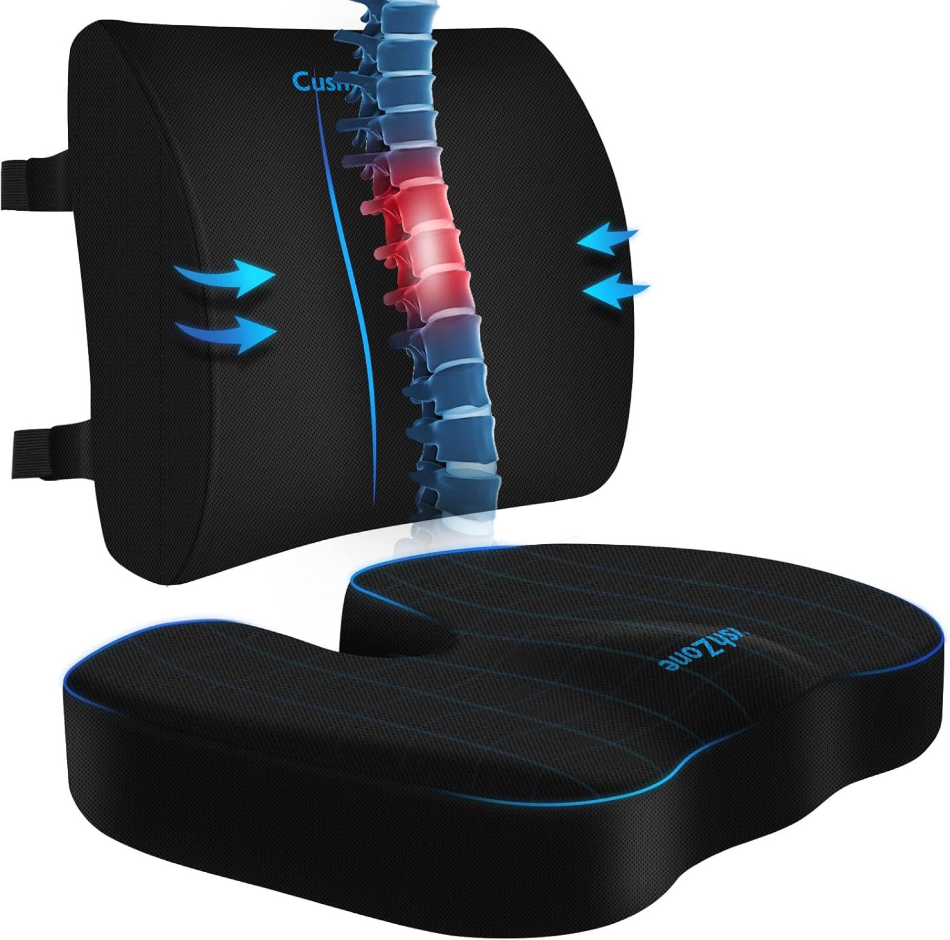 Seat Cushion, Lumbar Support Pillow with Adjustable Strap-Chair Cushions for Sciatica Pain Relief-with Washable Cover Memory Foam for Car, Travel and Wheelchair-Black Seat Cushion, Lumbar Support Pillow with Adjustable Strap-Chair Cushions for Sciatica Pain Relief-with Washable Cover Memory Foam for Car, Travel and Wheelchair-Black