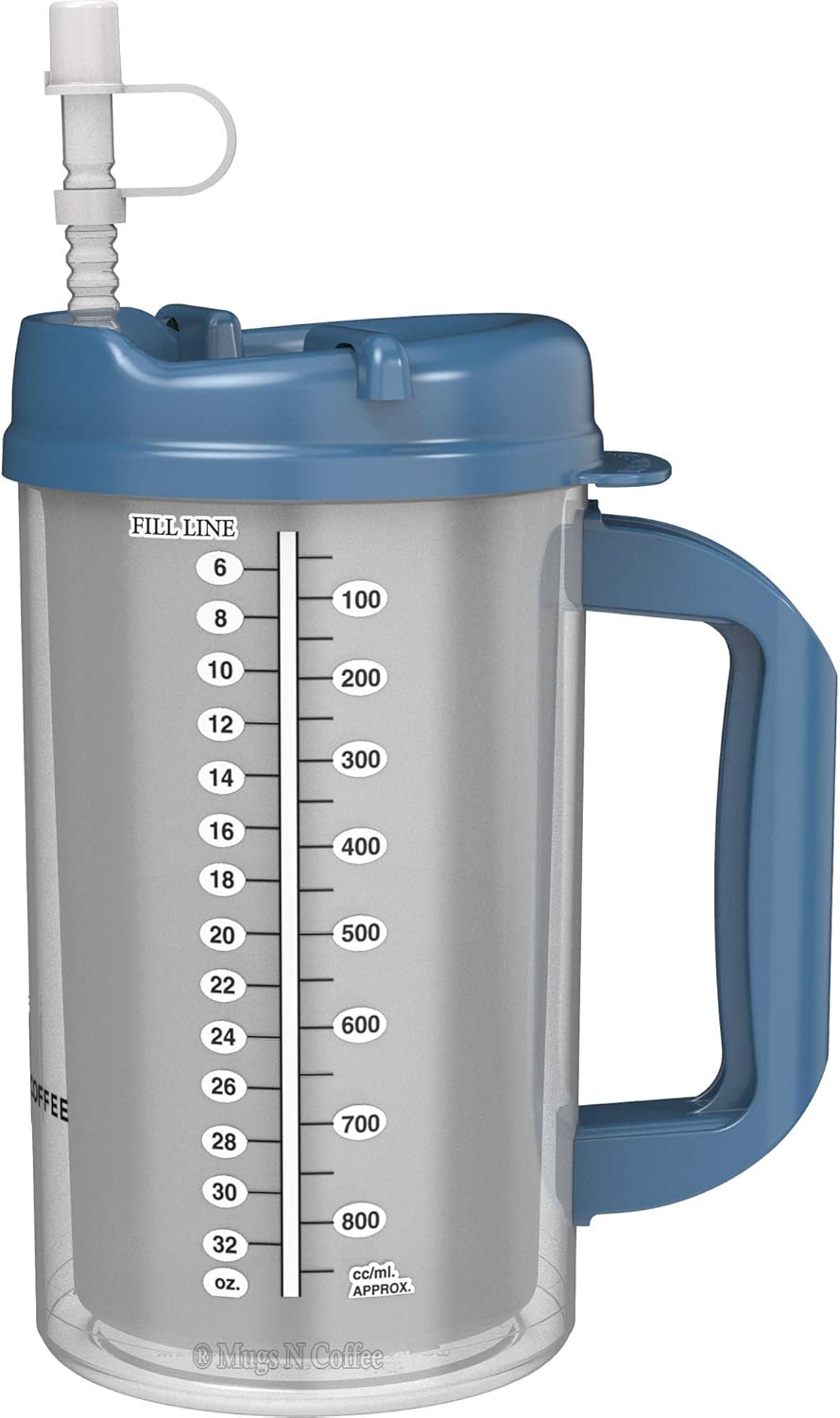 Mugs N Coffee 32 oz Double Walled Hospital Mug with Straw – Pearl Blue Lid and Handle Mugs N Coffee 32 oz Double Walled Hospital Mug with Straw – Pearl Blue Lid and Handle
