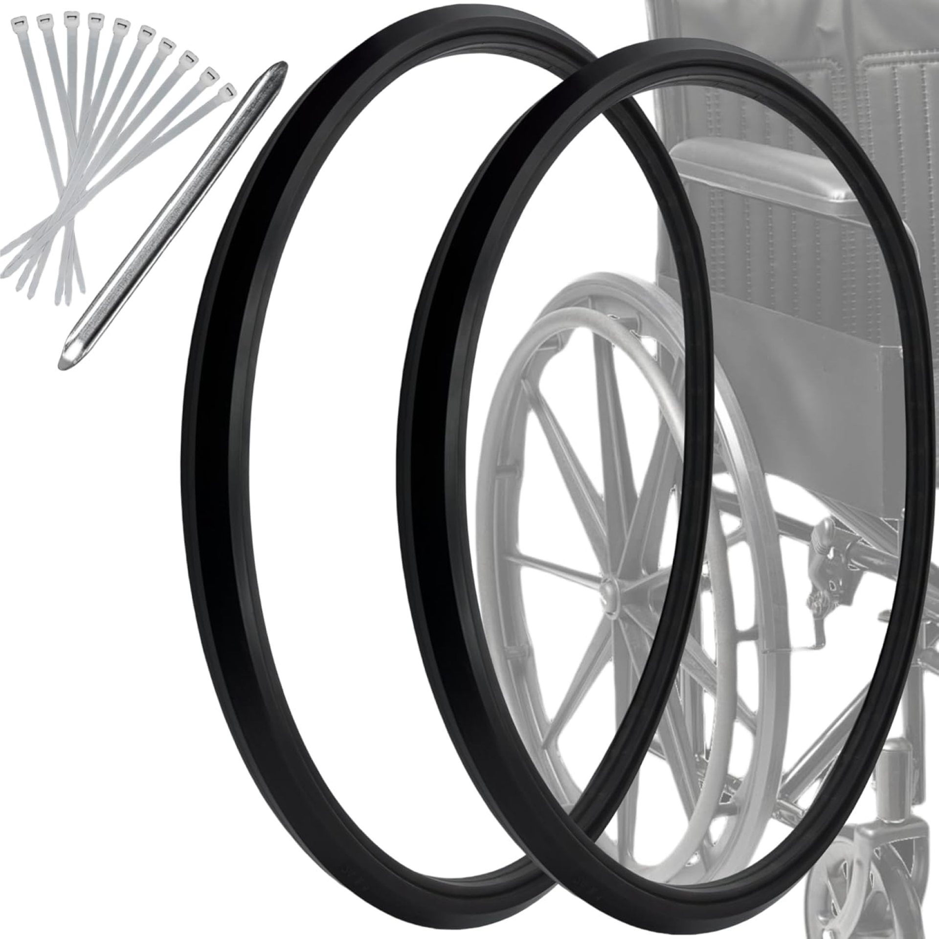 wheelchair tires 24″X1″(1 pair)Fits all brands of wheelchair accessories, Universal Flat Free Polyurethane Tire Manual replacement of wheelchair parts, comes with mounting tool ties (black wheelchair tires 24″X1″(1 pair)Fits all brands of wheelchair accessories, Universal Flat Free Polyurethane Tire Manual replacement of wheelchair parts, comes with mounting tool ties (black