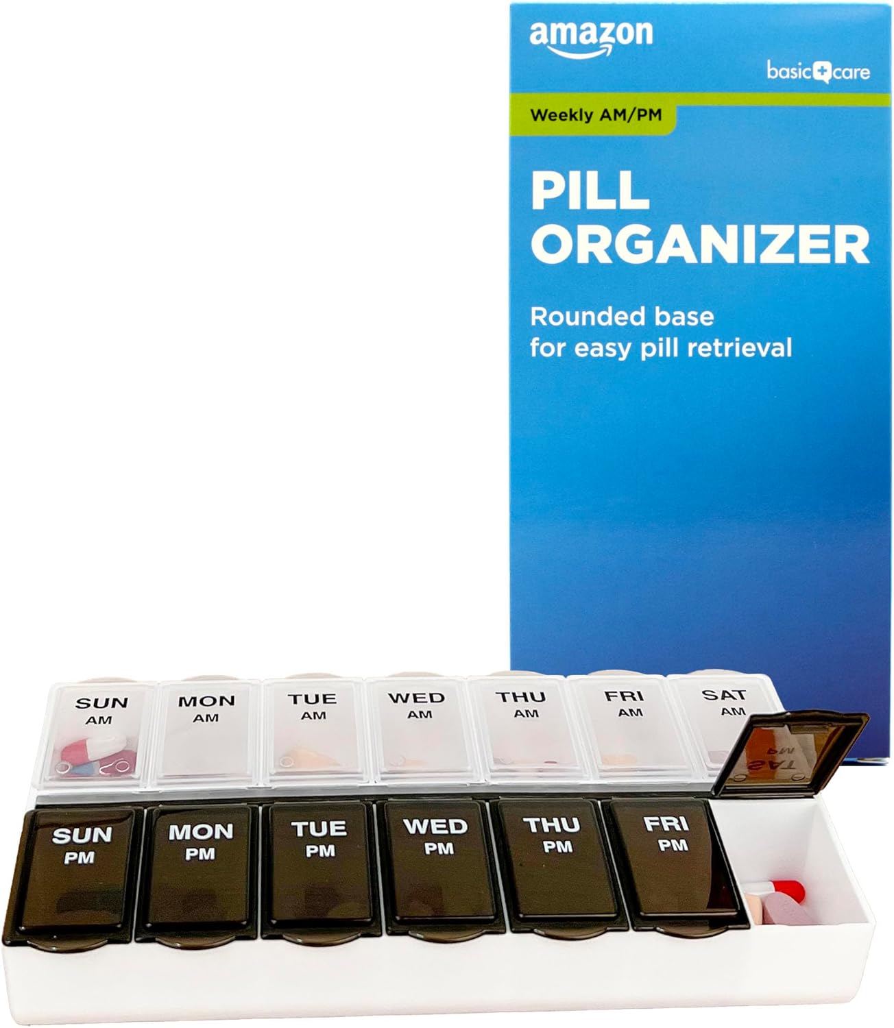 Amazon Basic Care (7-Day) AM/PM Pill Organizer, Vitamin Case, And Medicine Box, Large Compartments, 2 Times a Day, Black and Clear Lids Amazon Basic Care (7-Day) AM/PM Pill Organizer, Vitamin Case, And Medicine Box, Large Compartments, 2 Times a Day, Black and Clear Lids