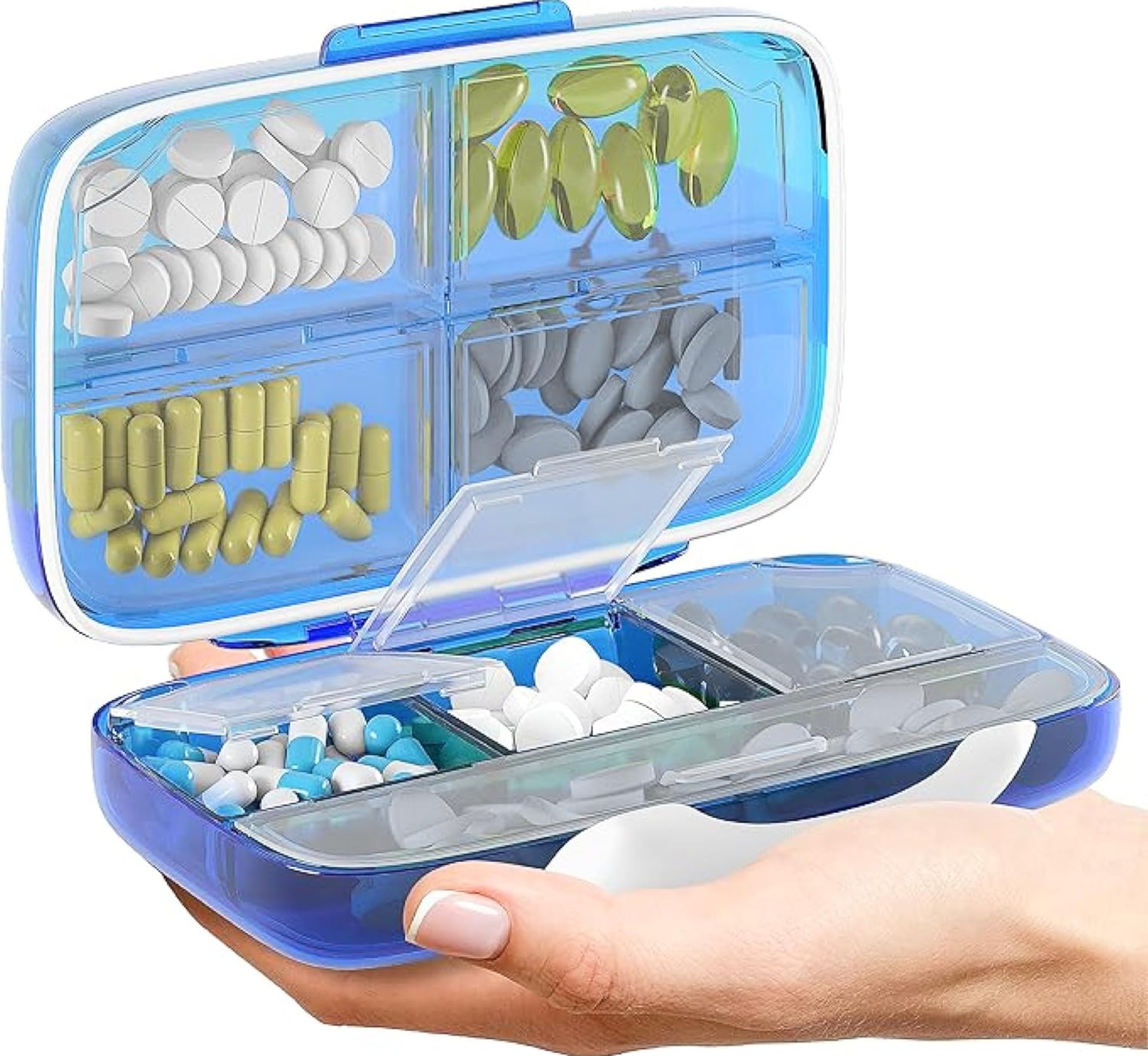 Travel Pill Organizer – Airtight Medicine Case for Traveling Portable Pharmacy Box with Labels Vitamin Container 8 Compartment Supplement Medication Holder Large Capacity Daily (Blue) Travel Pill Organizer – Airtight Medicine Case for Traveling Portable Pharmacy Box with Labels Vitamin Container 8 Compartment Supplement Medication Holder Large Capacity Daily (Blue)