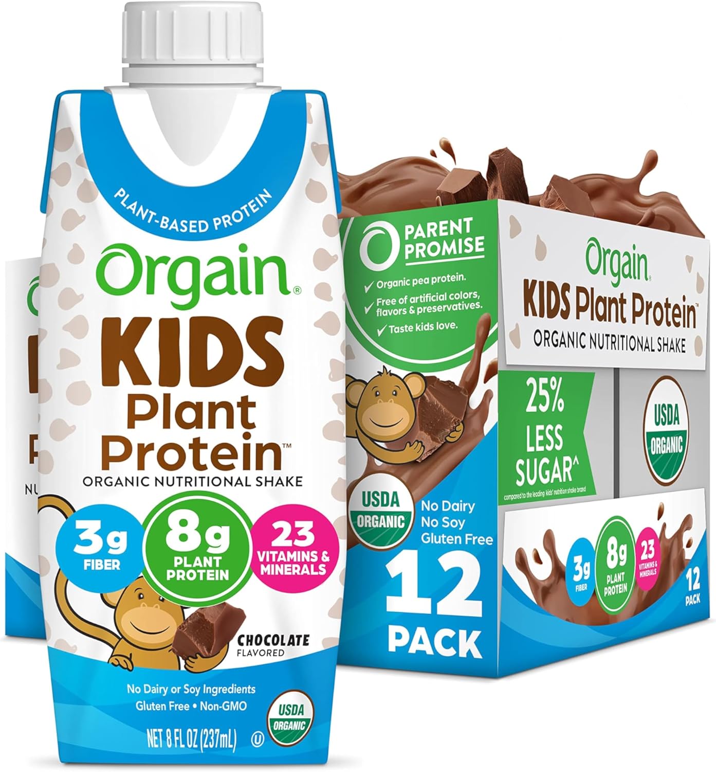 Orgain Organic Kids Nutritional Vegan Protein Shake, Chocolate – Healthy Kids Snacks, 8g Plant Protein, 23 Vitamins & Minerals, 3g Fiber, No Dairy & Soy Ingredients, Non-GMO, 8 Fl Oz (Pack of 12) Orgain Organic Kids Nutritional Vegan Protein Shake, Chocolate – Healthy Kids Snacks, 8g Plant Protein, 23 Vitamins & Minerals, 3g Fiber, No Dairy & Soy Ingredients, Non-GMO, 8 Fl Oz (Pack of 12)