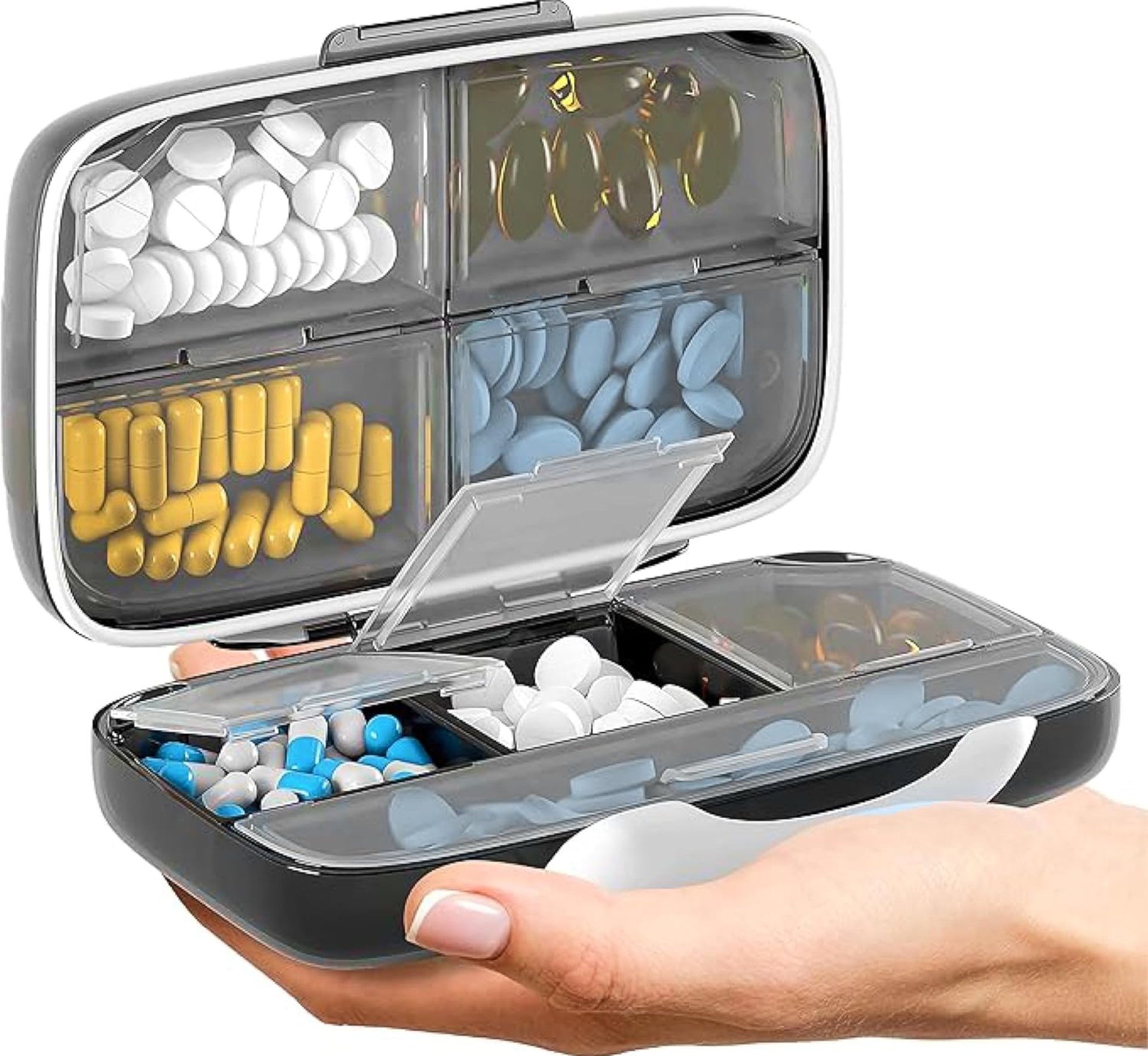 Travel Pill Organizer – Airtight Medicine Case for Traveling Portable Pharmacy Box with Labels Vitamin Container 8 Compartment Supplement Medication Holder Large Capacity Daily (Black) Travel Pill Organizer – Airtight Medicine Case for Traveling Portable Pharmacy Box with Labels Vitamin Container 8 Compartment Supplement Medication Holder Large Capacity Daily (Black)