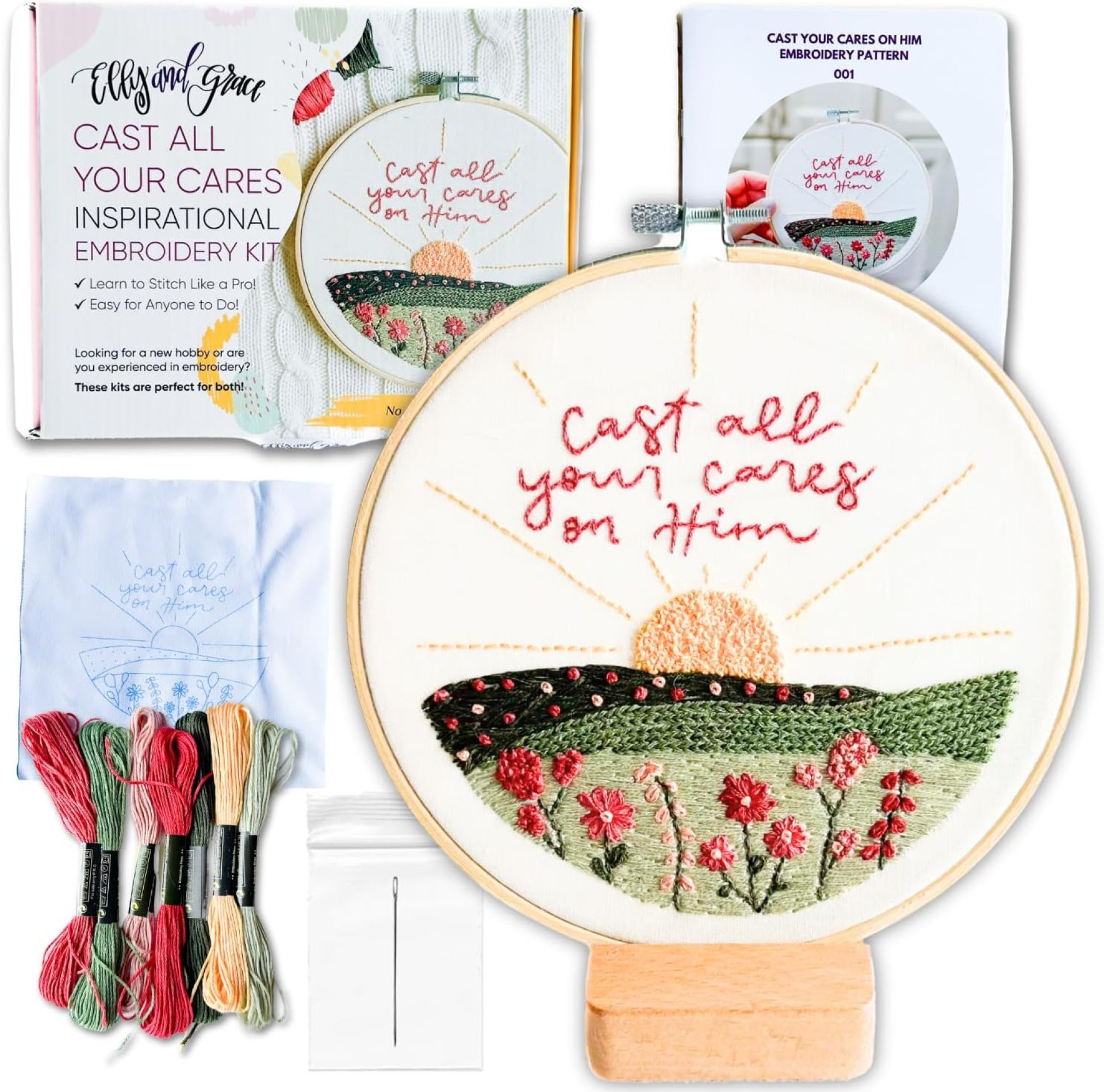 Elly & Grace Christian Embroidery Kit with Embroidery Hoop, Easy Embroidery Kit for Beginners and Adults, Full Embroidery Hoop Kit with Needles and Thread Included (Cast All Your Cares) Elly & Grace Christian Embroidery Kit with Embroidery Hoop, Easy Embroidery Kit for Beginners and Adults, Full Embroidery Hoop Kit with Needles and Thread Included (Cast All Your Cares)