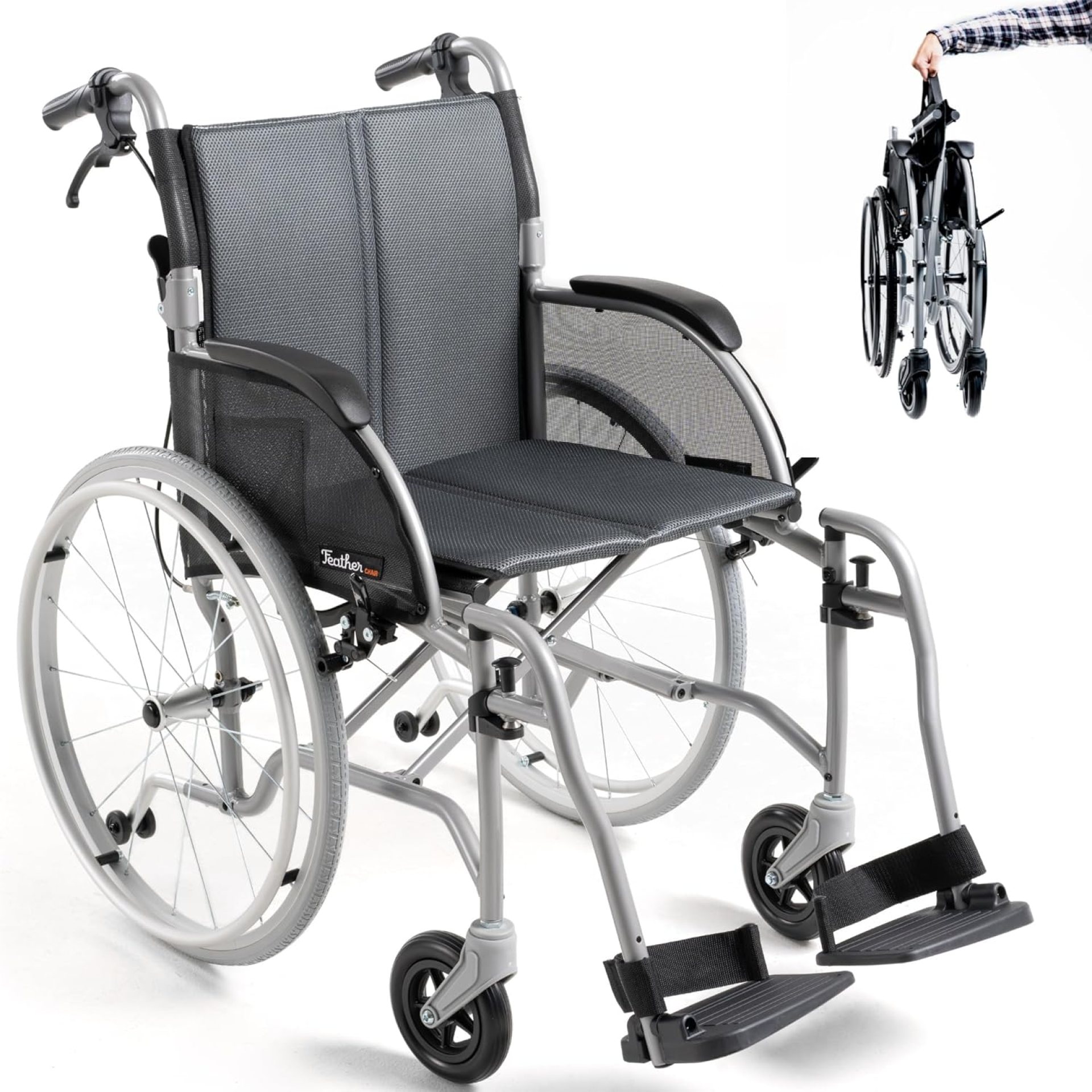 Feather Mobility – Gray Lightweight Folding Wheelchair 13.5 lbs – Seat Width 18″ with Swingaway Legrests, Anti-tippers, and Quick Release Wheels – 250 lb Capacity Feather Mobility – Gray Lightweight Folding Wheelchair 13.5 lbs – Seat Width 18″ with Swingaway Legrests, Anti-tippers, and Quick Release Wheels – 250 lb Capacity