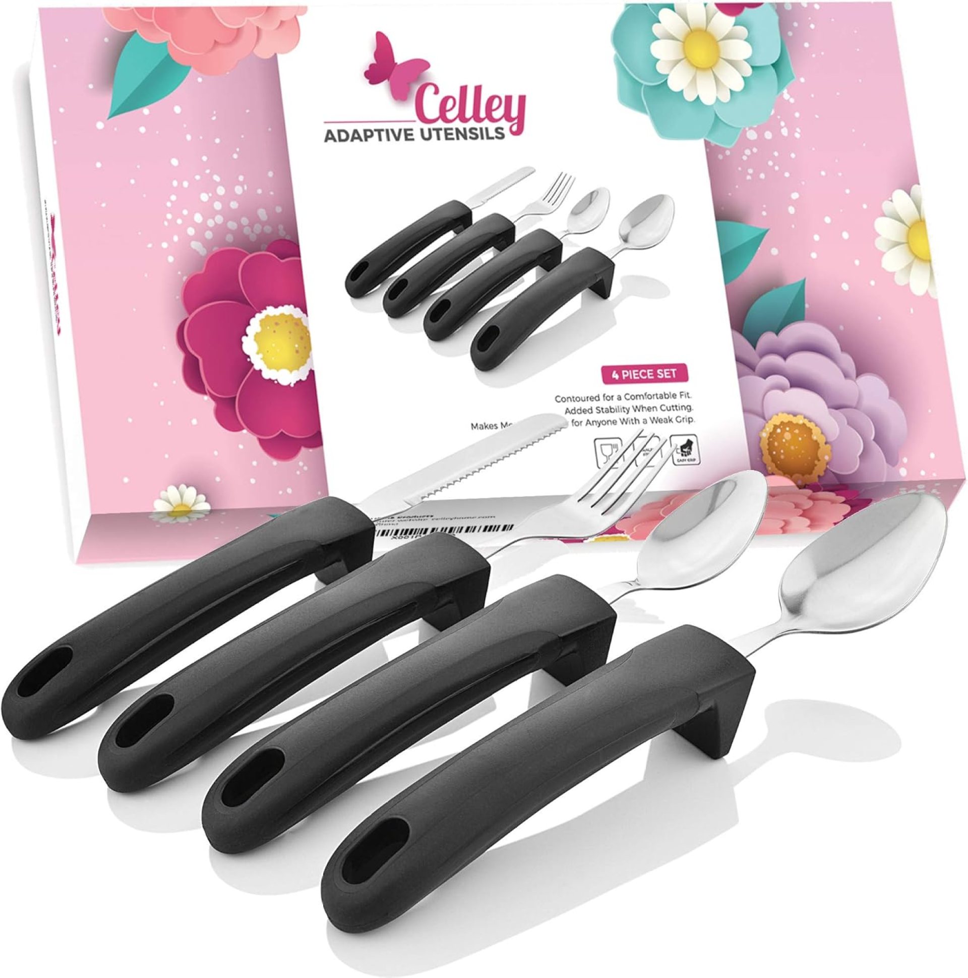 Adaptive Eating Utensils by Celley for Elderly, Handicapped | 4pc Easy Grip Silverware Stainless Steel Knife, Fork, 2 Spoons – (Black) Adaptive Eating Utensils by Celley for Elderly, Handicapped | 4pc Easy Grip Silverware Stainless Steel Knife, Fork, 2 Spoons – (Black)